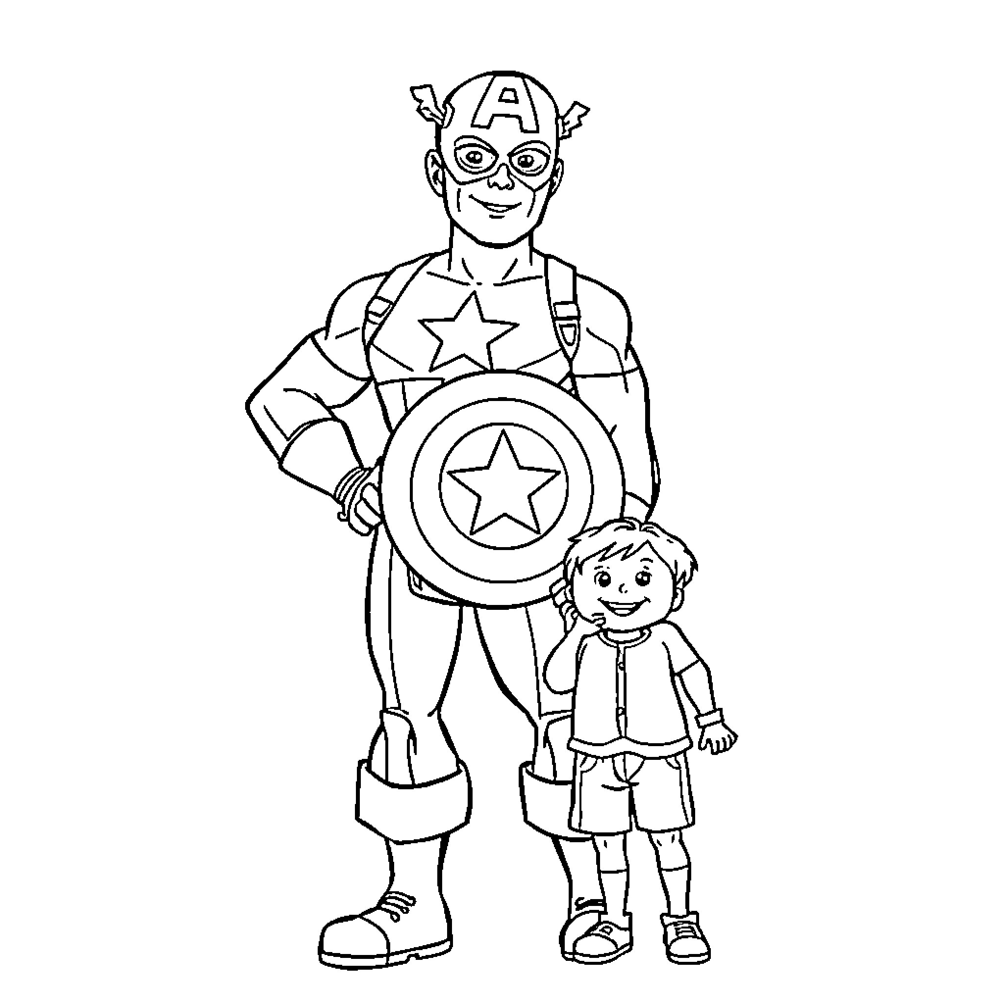 Bluey and Captain America playing together Coloring Page (free black-and-white line drawing printable PDF for all, from beginners to advanced learners, including children, teens, adults, and seniors)
