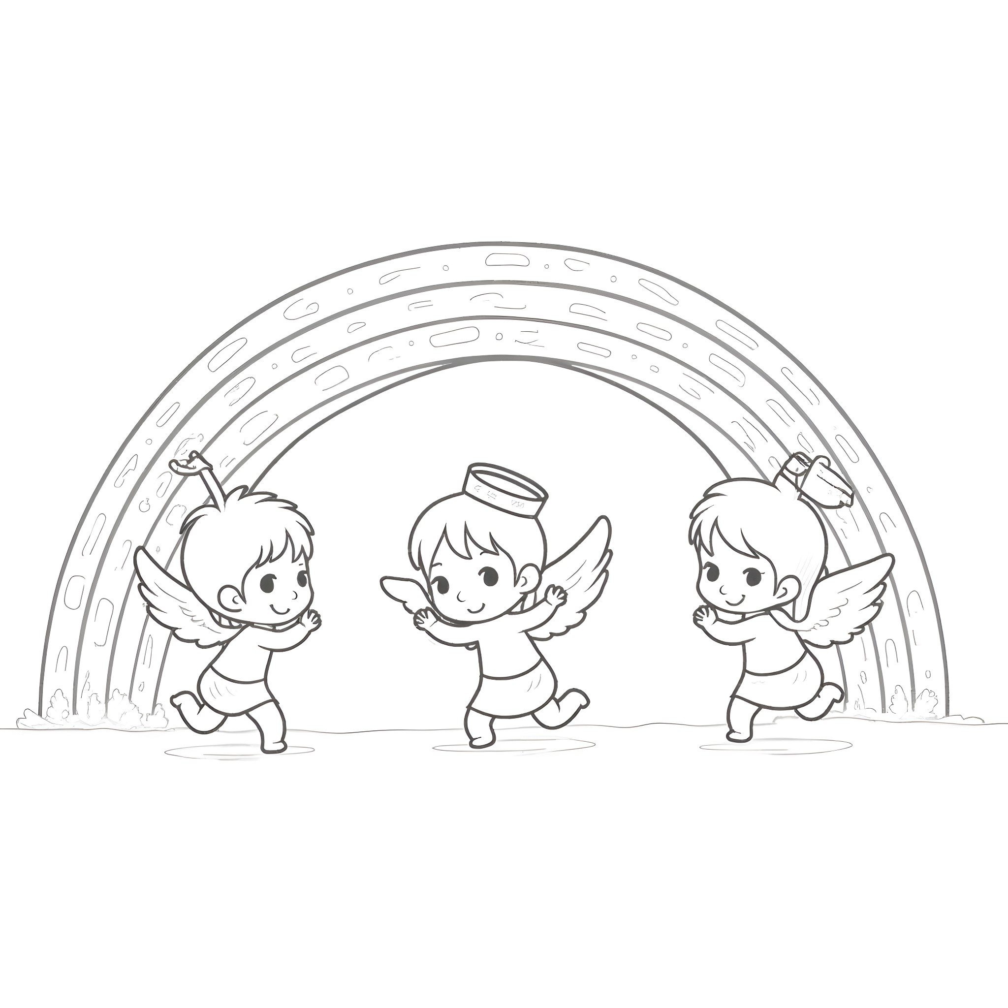 Angel children playing joyfully under a rainbow Coloring Page (free black-and-white line drawing printable PDF for all, from beginners to advanced learners, including children, teens, adults, and seniors)