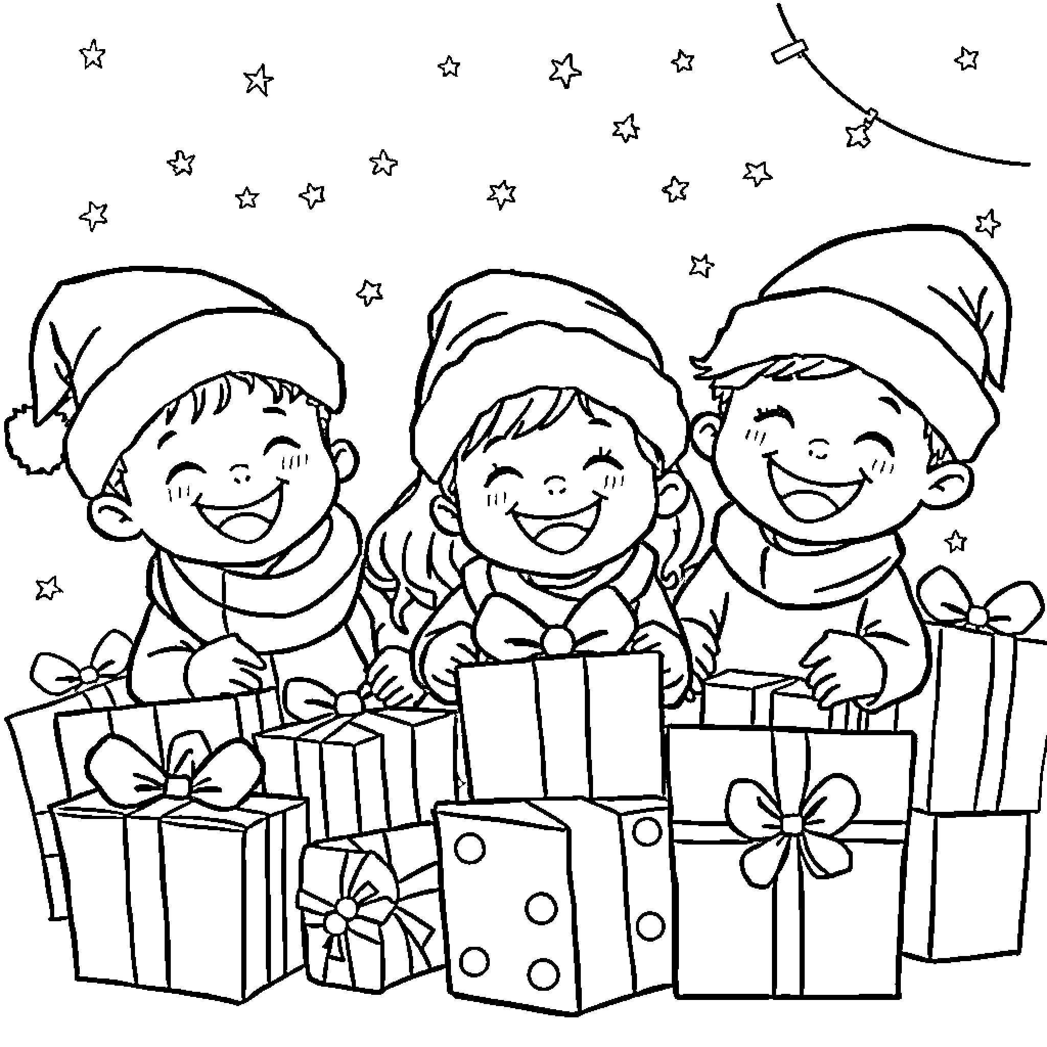Kid friends celebrating Christmas with gifts Coloring Page (free black-and-white line drawing printable PDF for all, from beginners to advanced learners, including children, teens, adults, and seniors)