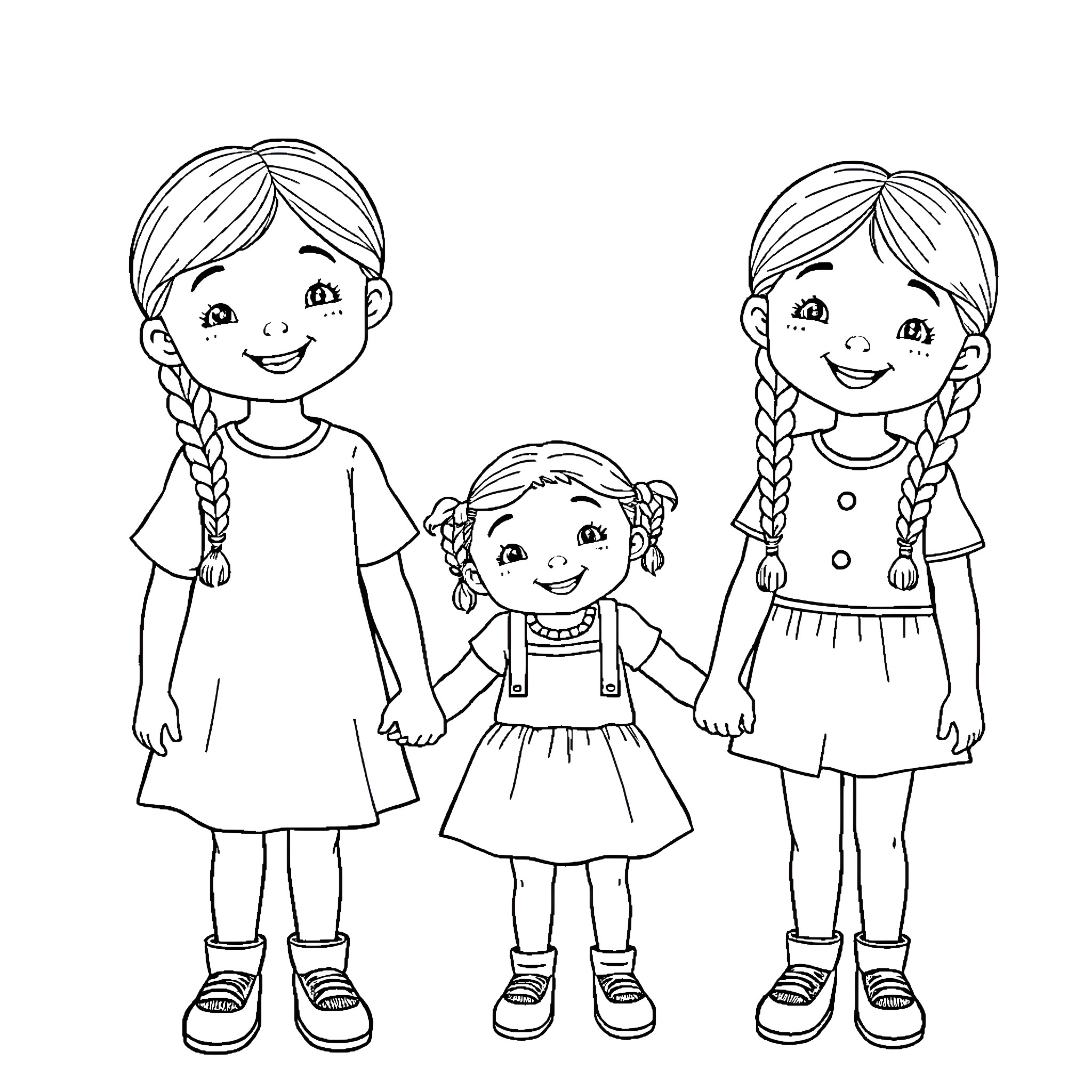 Girls in casual dresses playing together Coloring Page (free black-and-white line drawing printable PDF for all, from beginners to advanced learners, including children, teens, adults, and seniors)