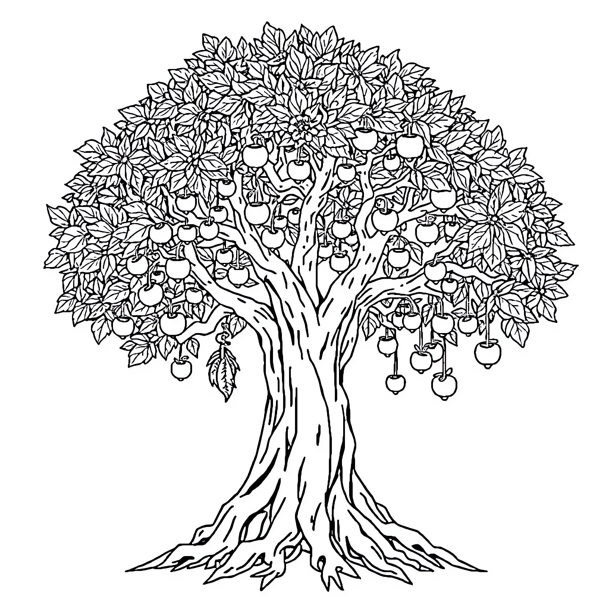 Tree with Hanging Decorative Elements Coloring Page (free black-and-white line drawing printable PDF for all, from beginners to advanced learners, including children, teens, adults, and seniors)