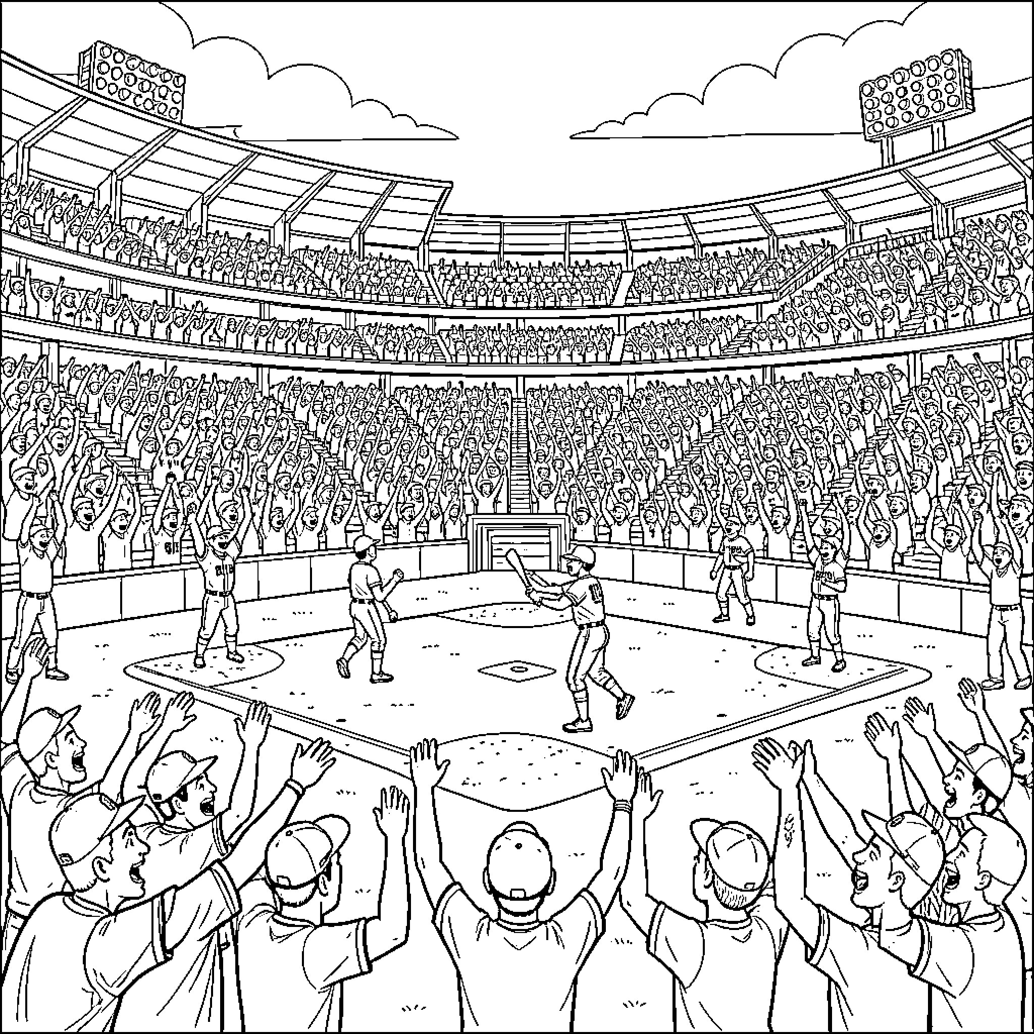 Baseball players and cheering fans in a crowded stadium Coloring Page (free black-and-white line drawing printable PDF for all, from beginners to advanced learners, including children, teens, adults, and seniors)