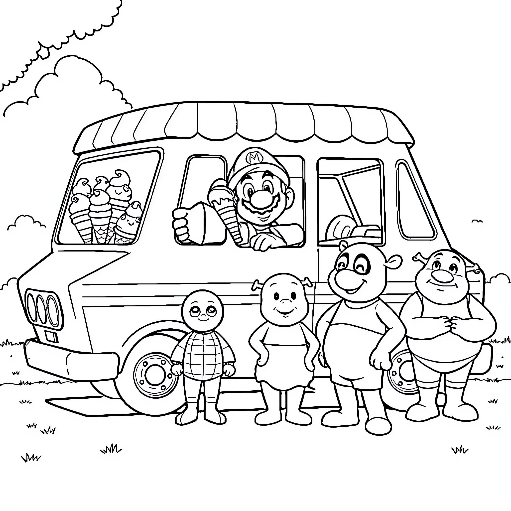 Mario and Friends Enjoy an Ice Cream Adventure Coloring Page (free black-and-white line drawing printable PDF for all, from beginners to advanced learners, including children, teens, adults, and seniors)