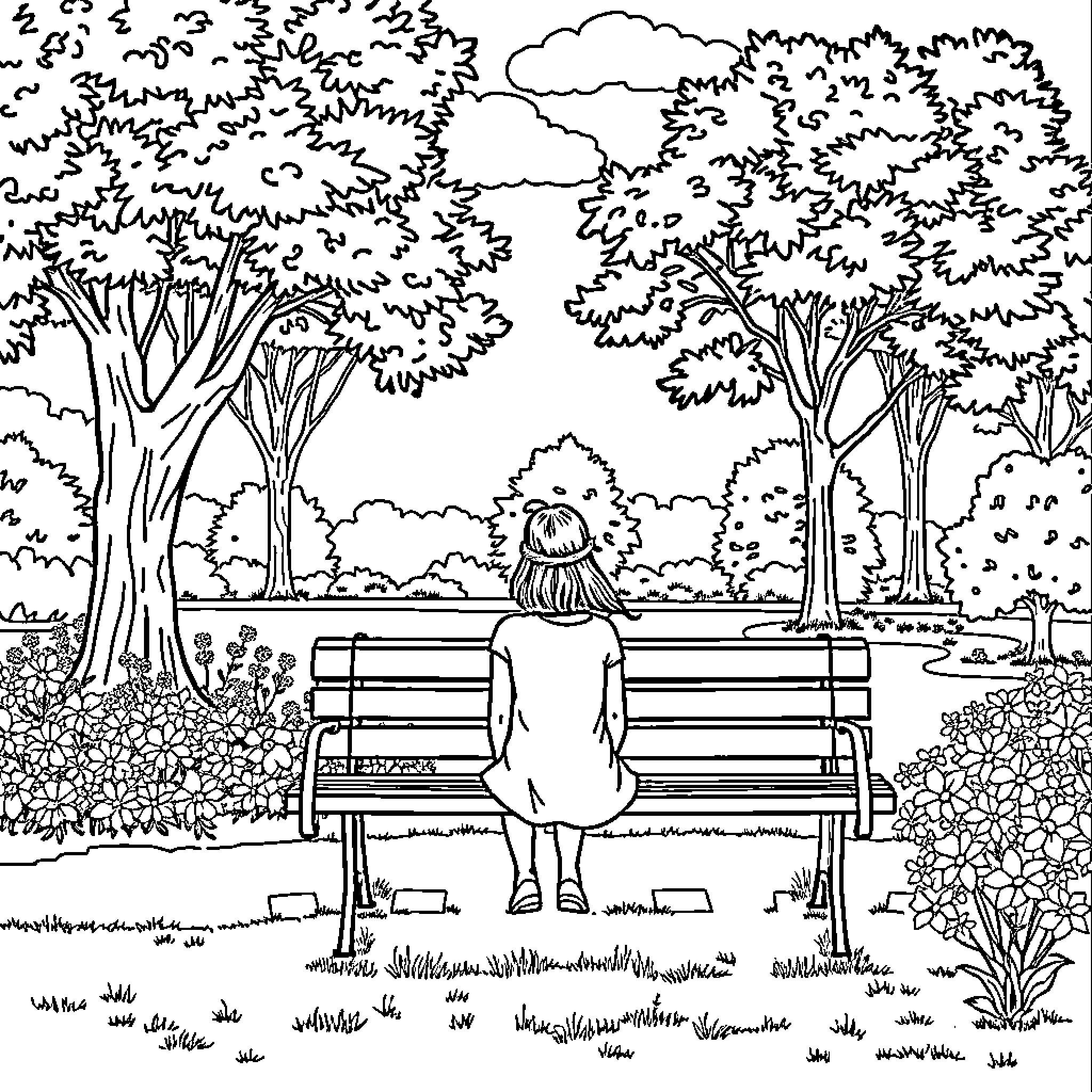 Park scenery with person sitting on bench Coloring Page (free black-and-white line drawing printable PDF for all, from beginners to advanced learners, including children, teens, adults, and seniors)