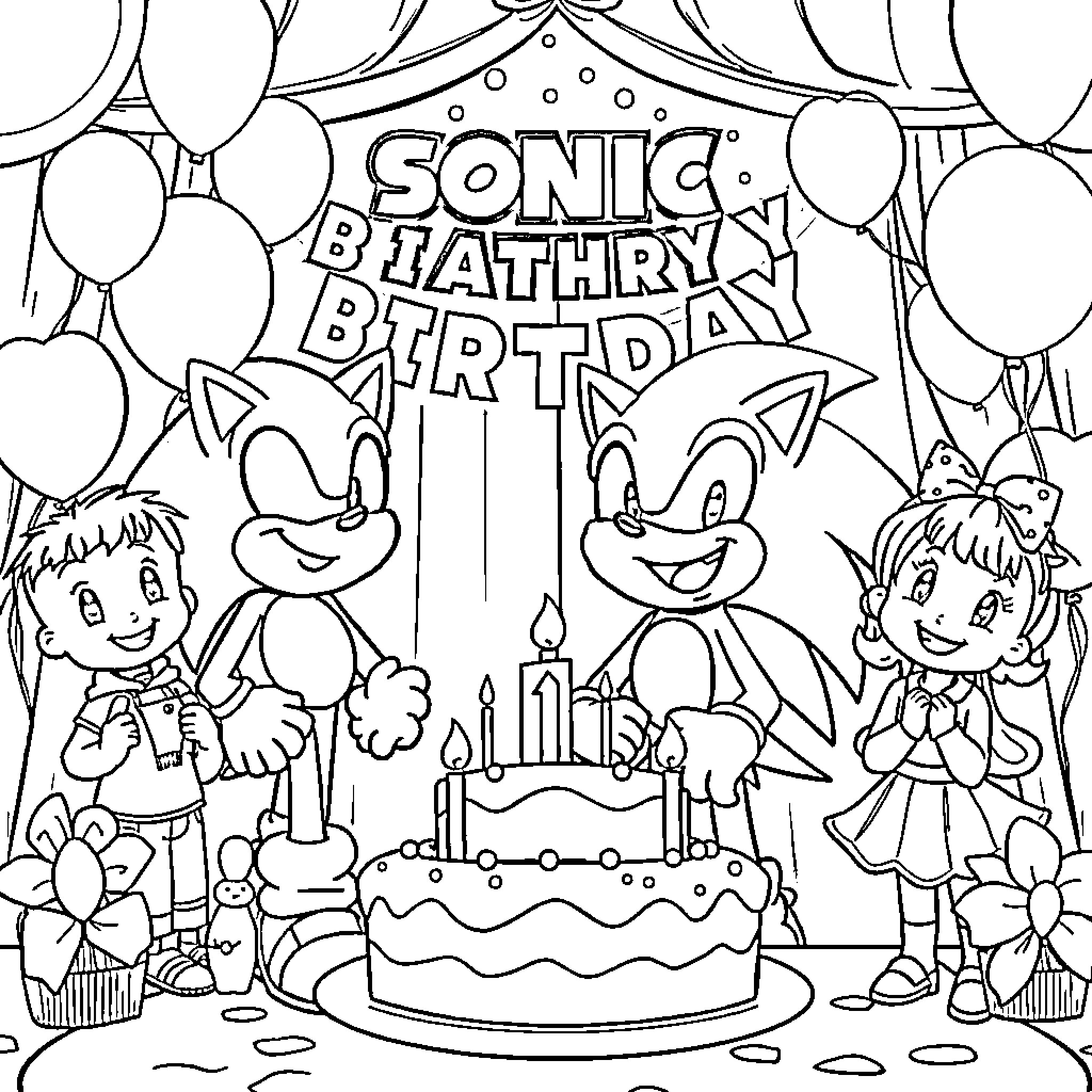 Sonic's Lively Birthday Celebration Coloring Page (free black-and-white line drawing printable PDF for all, from beginners to advanced learners, including children, teens, adults, and seniors)