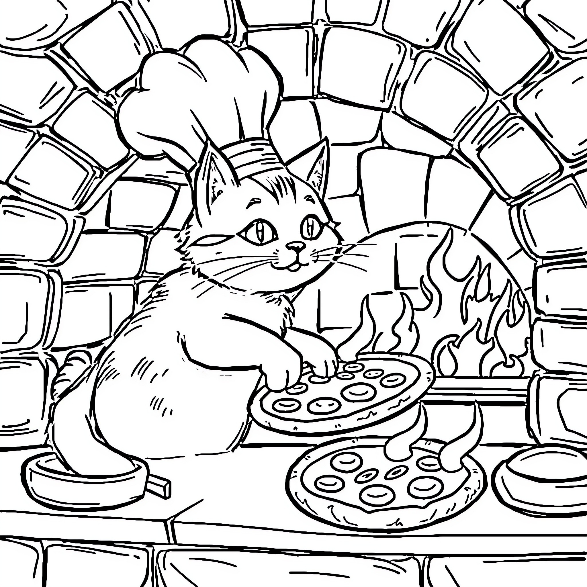 Cat chef baking treats in the kitchen Coloring Page (free black-and-white line drawing printable PDF for all, from beginners to advanced learners, including children, teens, adults, and seniors)