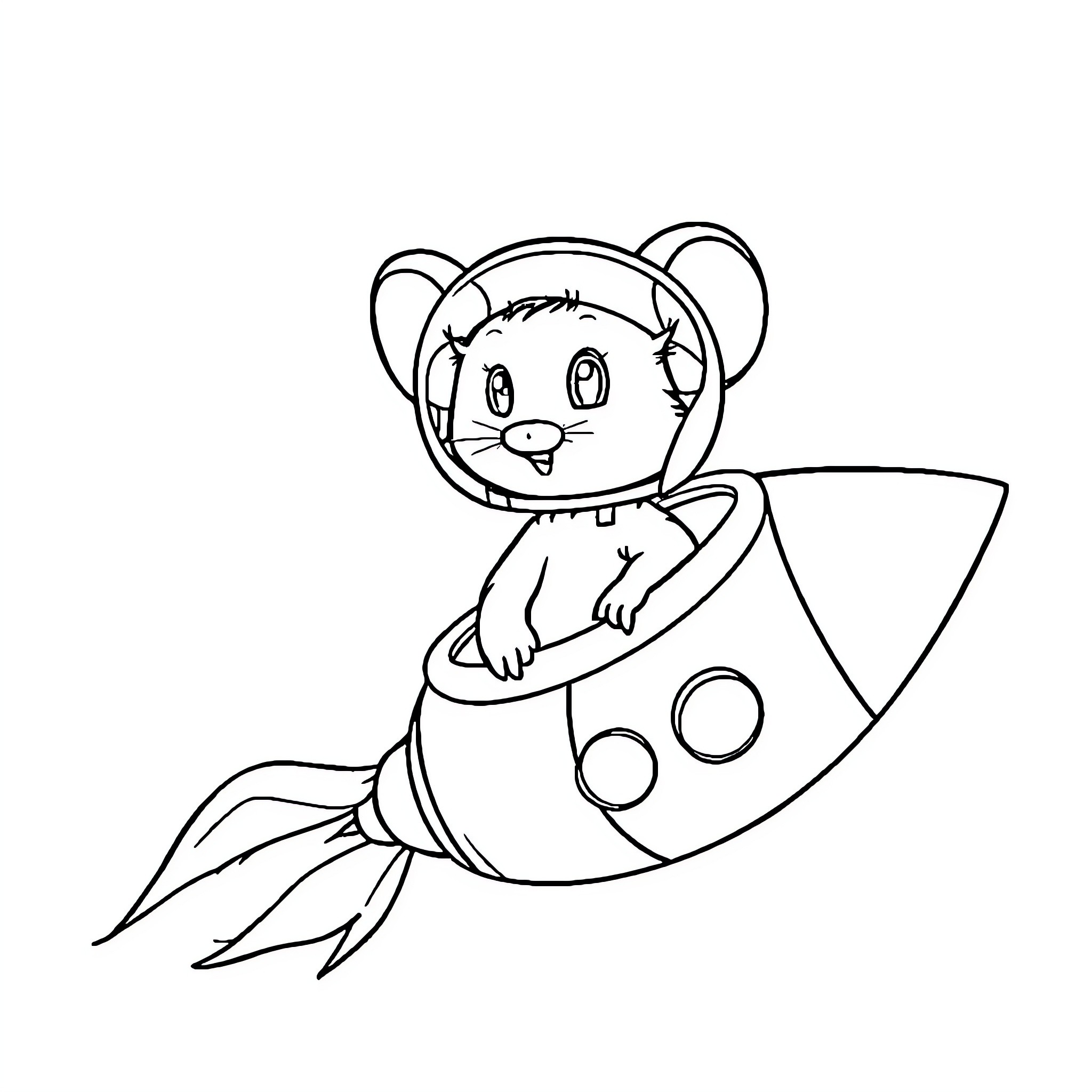 Mouse astronaut riding a rocket ship Coloring Page (free black-and-white line drawing printable PDF for all, from beginners to advanced learners, including children, teens, adults, and seniors)
