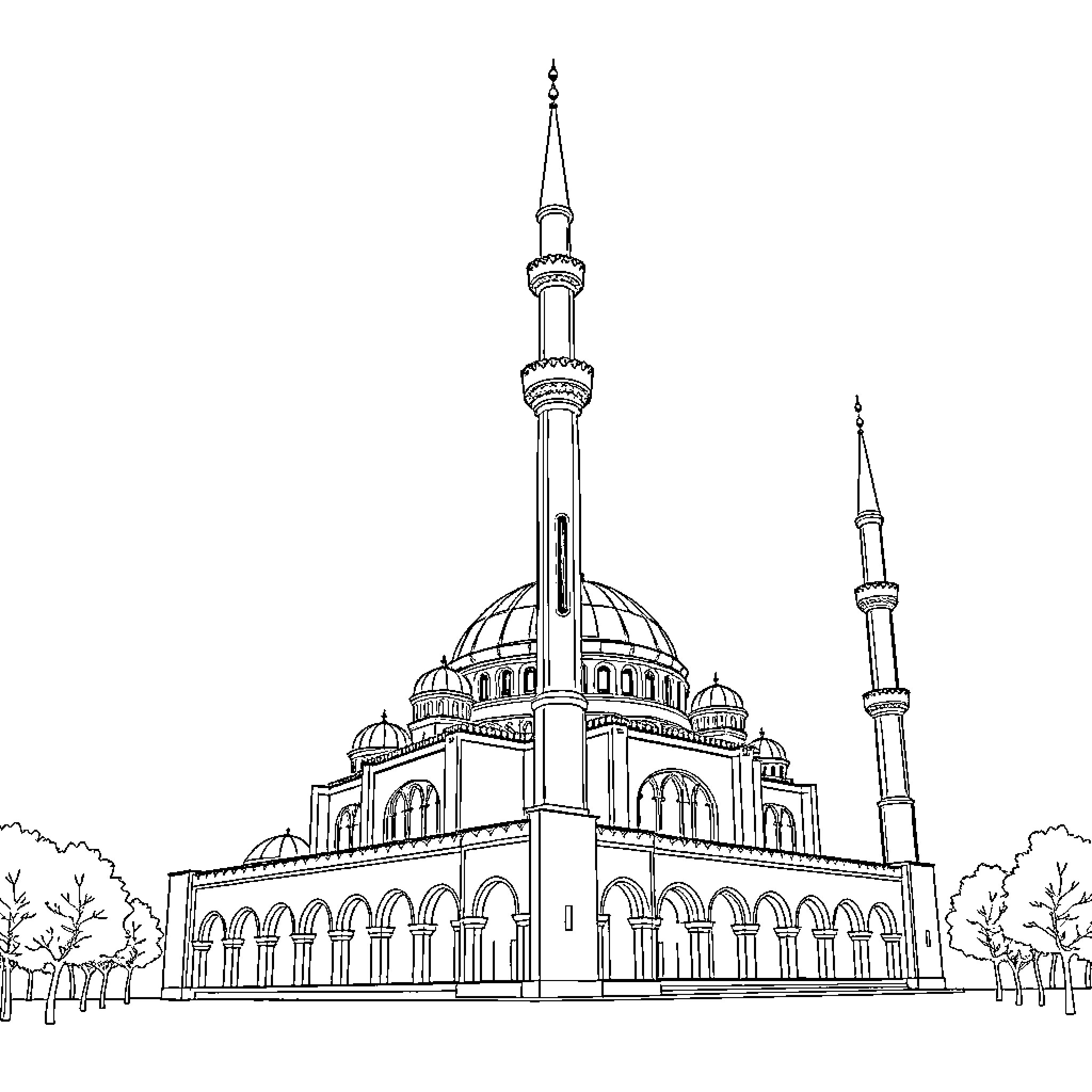 Mosque with ornate architectural details Coloring Page (free black-and-white line drawing printable PDF for all, from beginners to advanced learners, including children, teens, adults, and seniors)