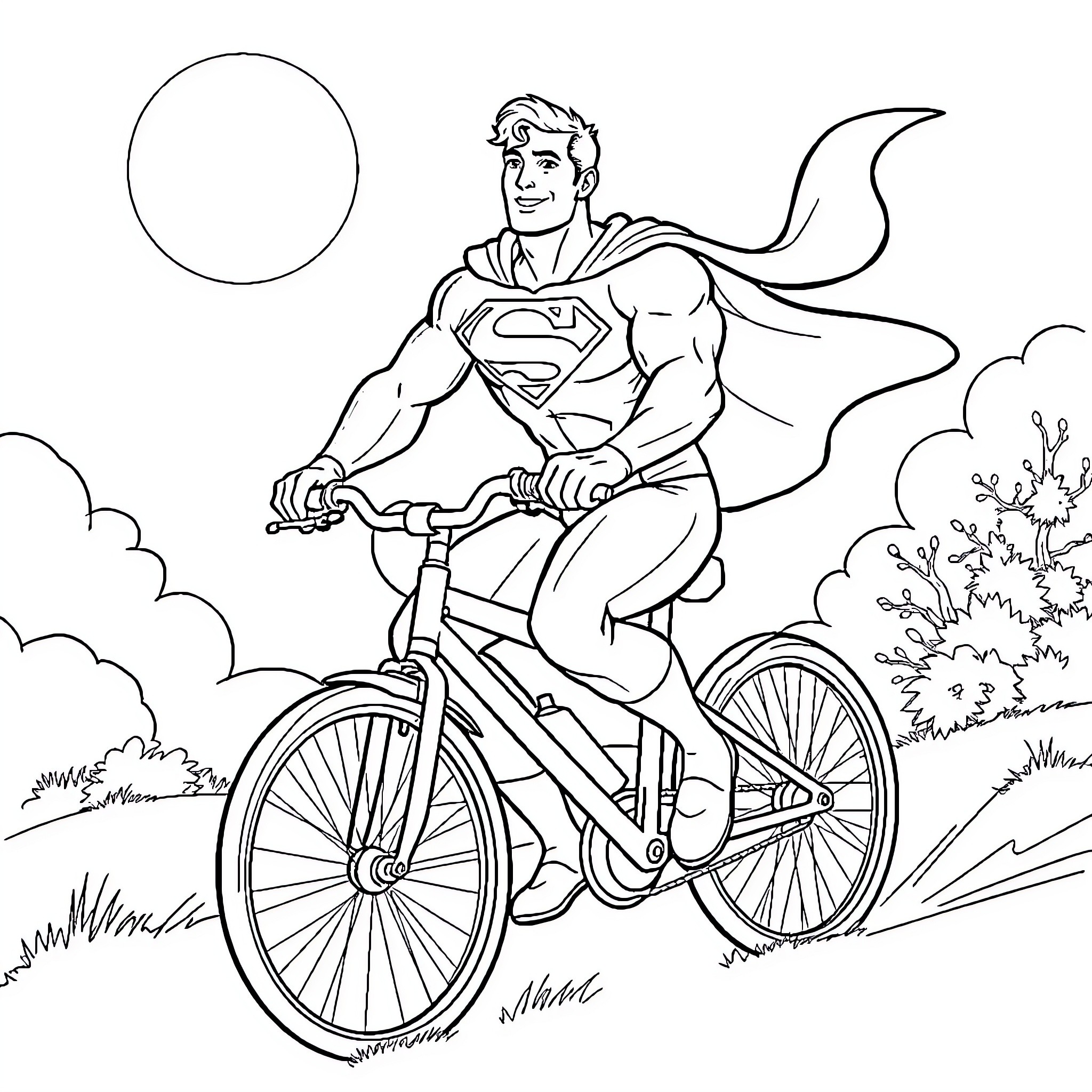 Superman riding a bicycle through a scenic landscape Coloring Page (free black-and-white line drawing printable PDF for all, from beginners to advanced learners, including children, teens, adults, and seniors)