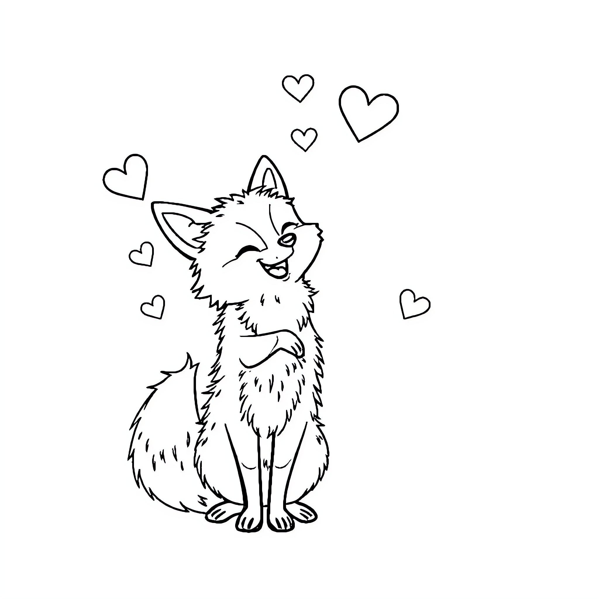 Fox surrounded by hearts expressing happiness Coloring Page (free black-and-white line drawing printable PDF for all, from beginners to advanced learners, including children, teens, adults, and seniors)