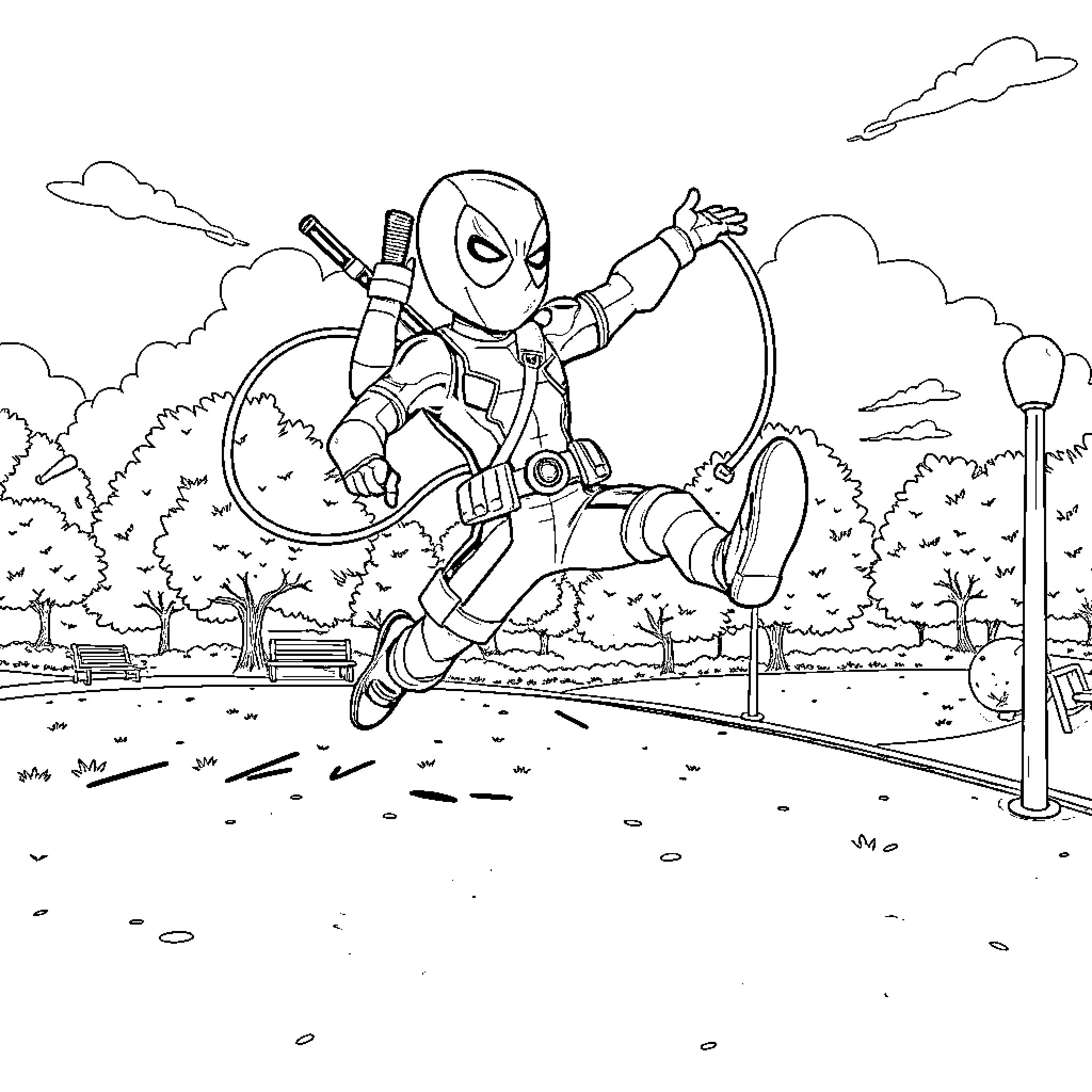 Deadpool in action-packed outdoor scene Coloring Page (free black-and-white line drawing printable PDF for all, from beginners to advanced learners, including children, teens, adults, and seniors)
