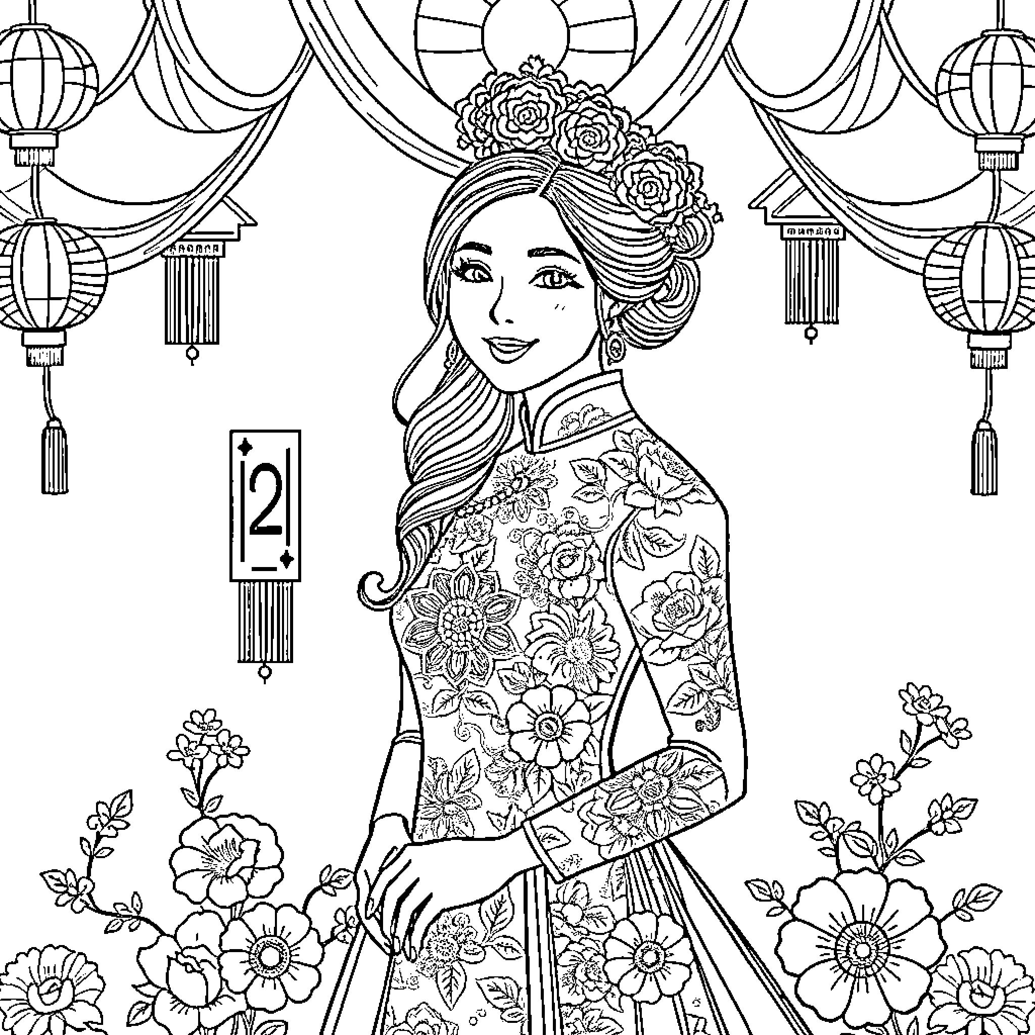 Qipao-clad woman in floral setting with lanterns Coloring Page (free black-and-white line drawing printable PDF for all, from beginners to advanced learners, including children, teens, adults, and seniors)
