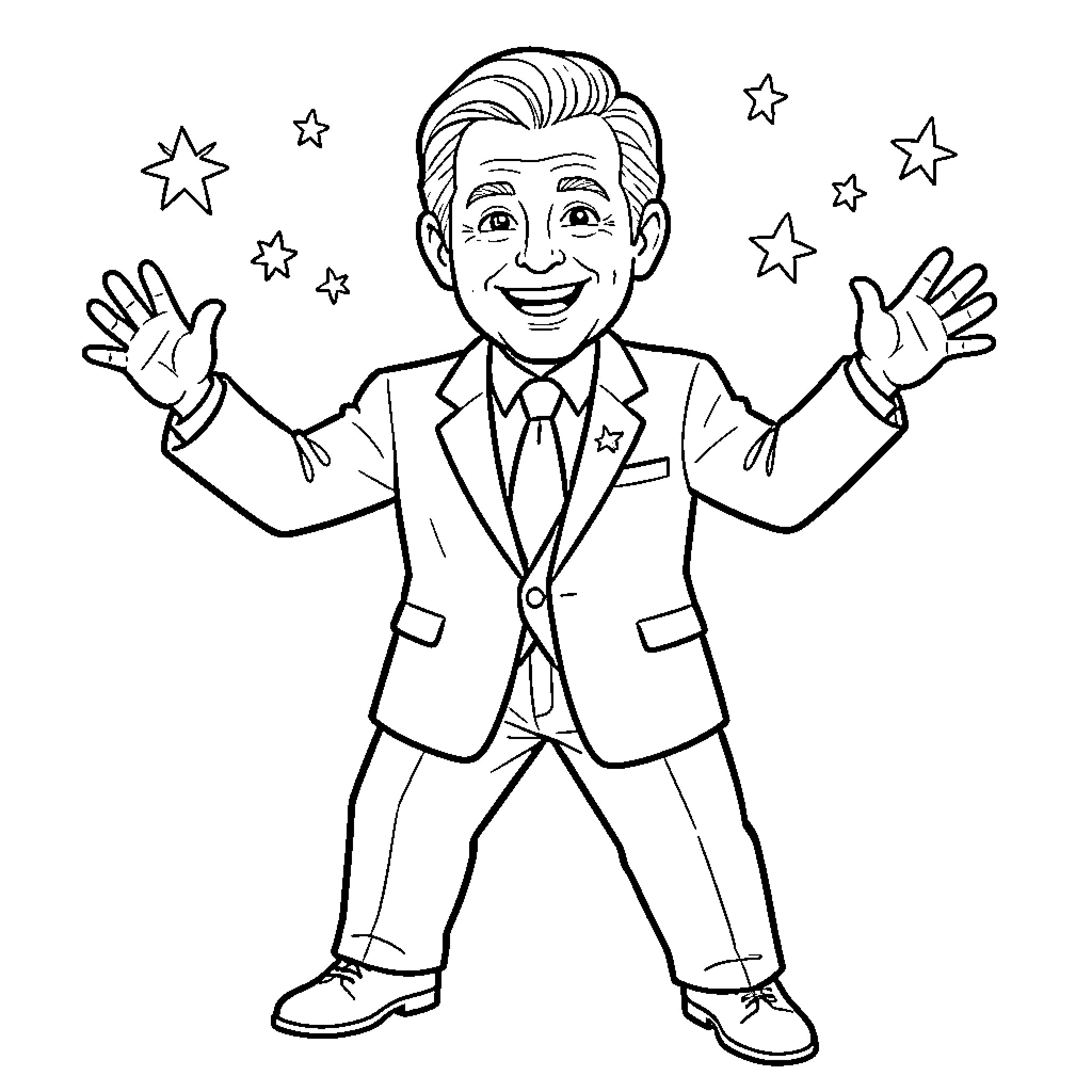 Captain Picard smiling with arms outstretched and stars Coloring Page (free black-and-white line drawing printable PDF for all, from beginners to advanced learners, including children, teens, adults, and seniors)