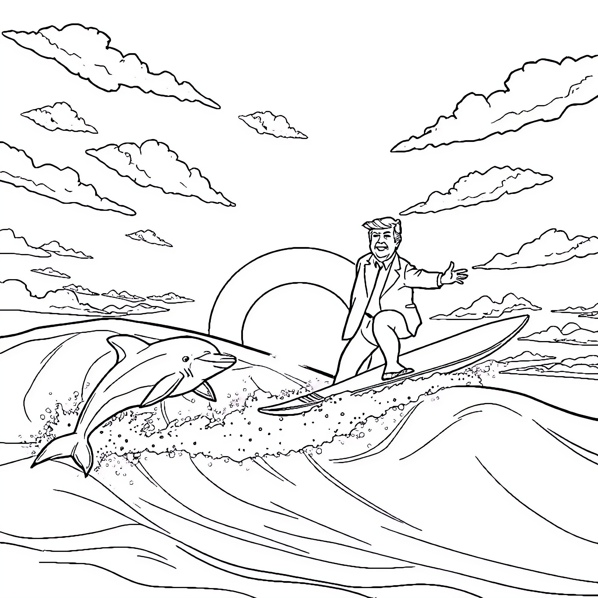 Trump Surfing on Waves in Sunset Seascape Coloring Page (free black-and-white line drawing printable PDF for all, from beginners to advanced learners, including children, teens, adults, and seniors)