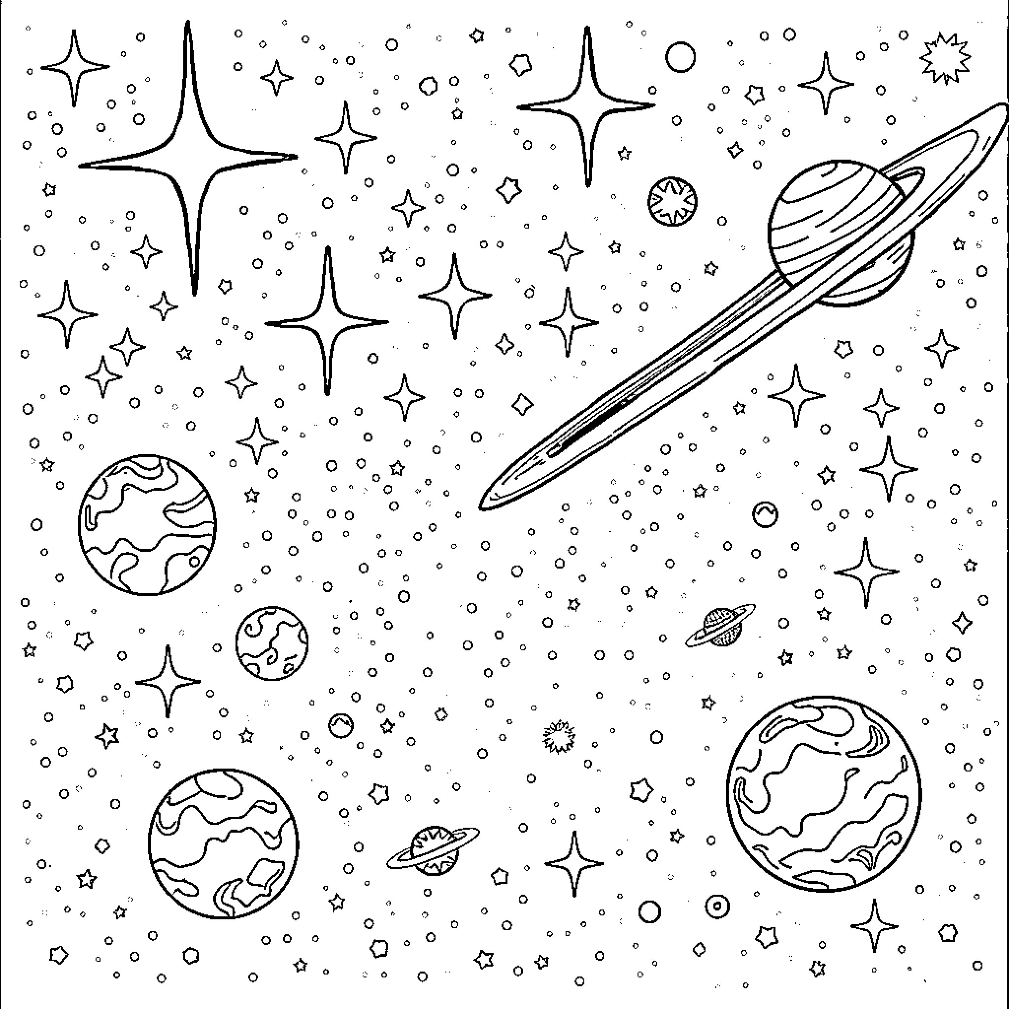 Space filled with planets and stars Coloring Page (free black-and-white line drawing printable PDF for all, from beginners to advanced learners, including children, teens, adults, and seniors)