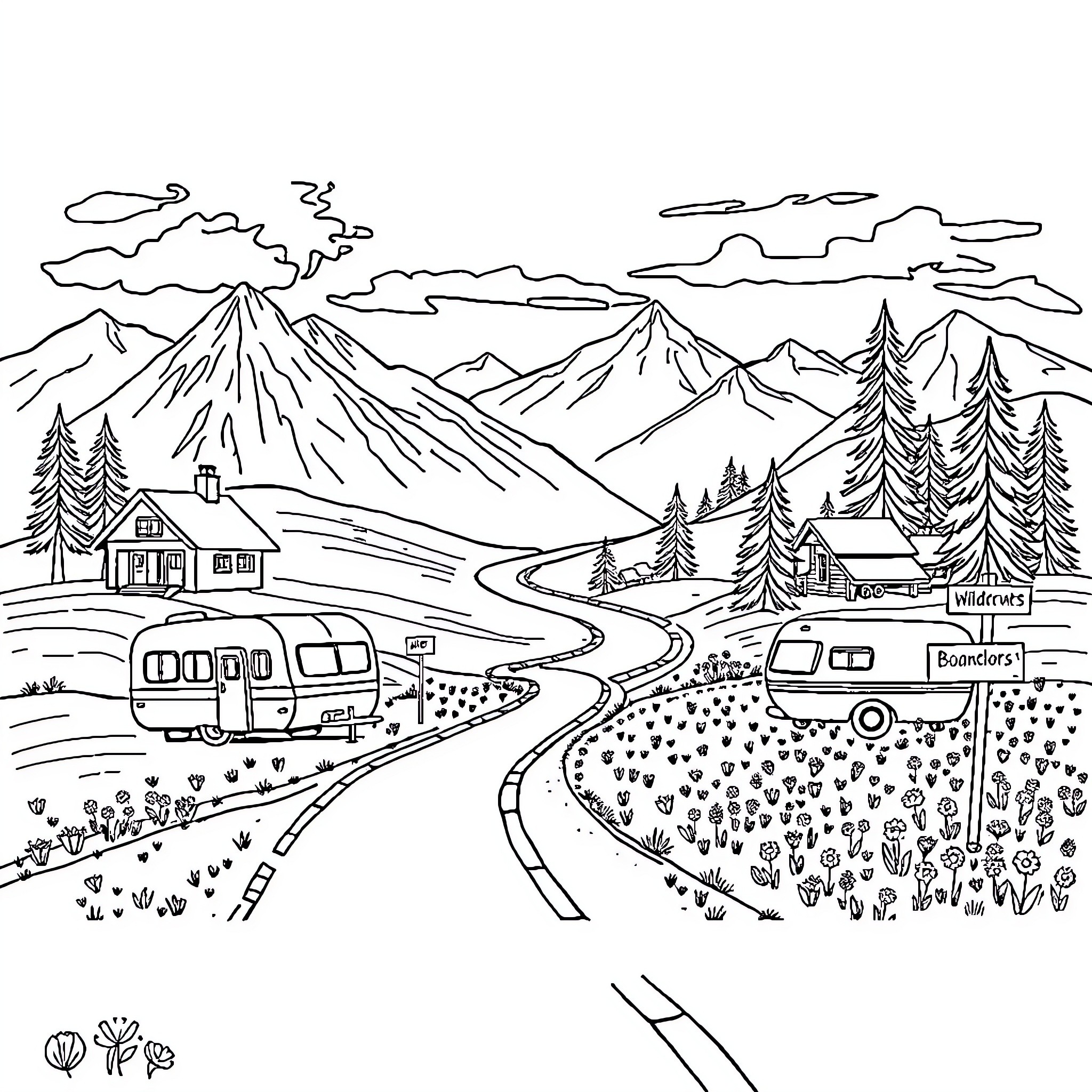 Road Trip through Scenic Mountain Landscape Coloring Page (free black-and-white line drawing printable PDF for all, from beginners to advanced learners, including children, teens, adults, and seniors)