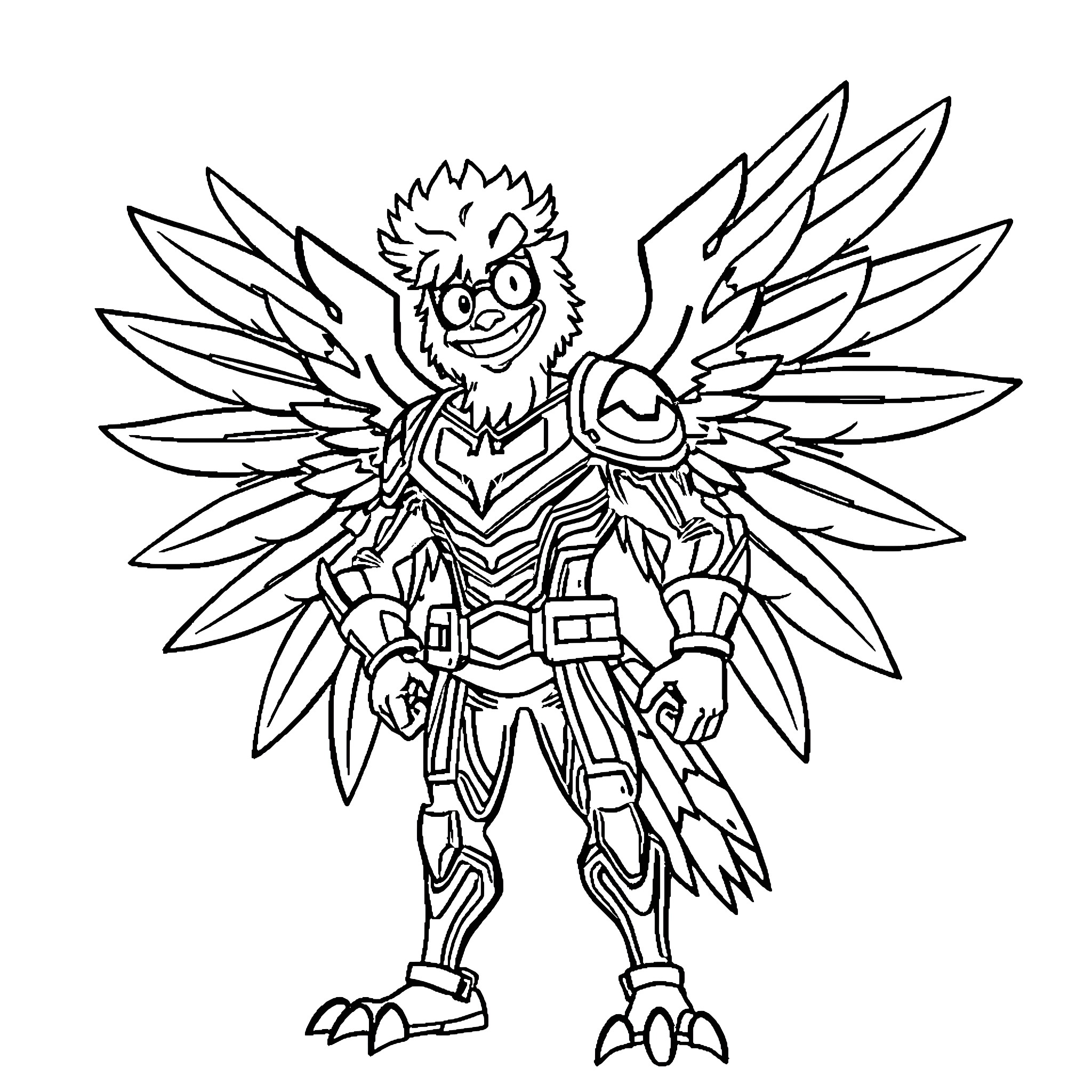 Hawks in heroic action poses Coloring Page (free black-and-white line drawing printable PDF for all, from beginners to advanced learners, including children, teens, adults, and seniors)