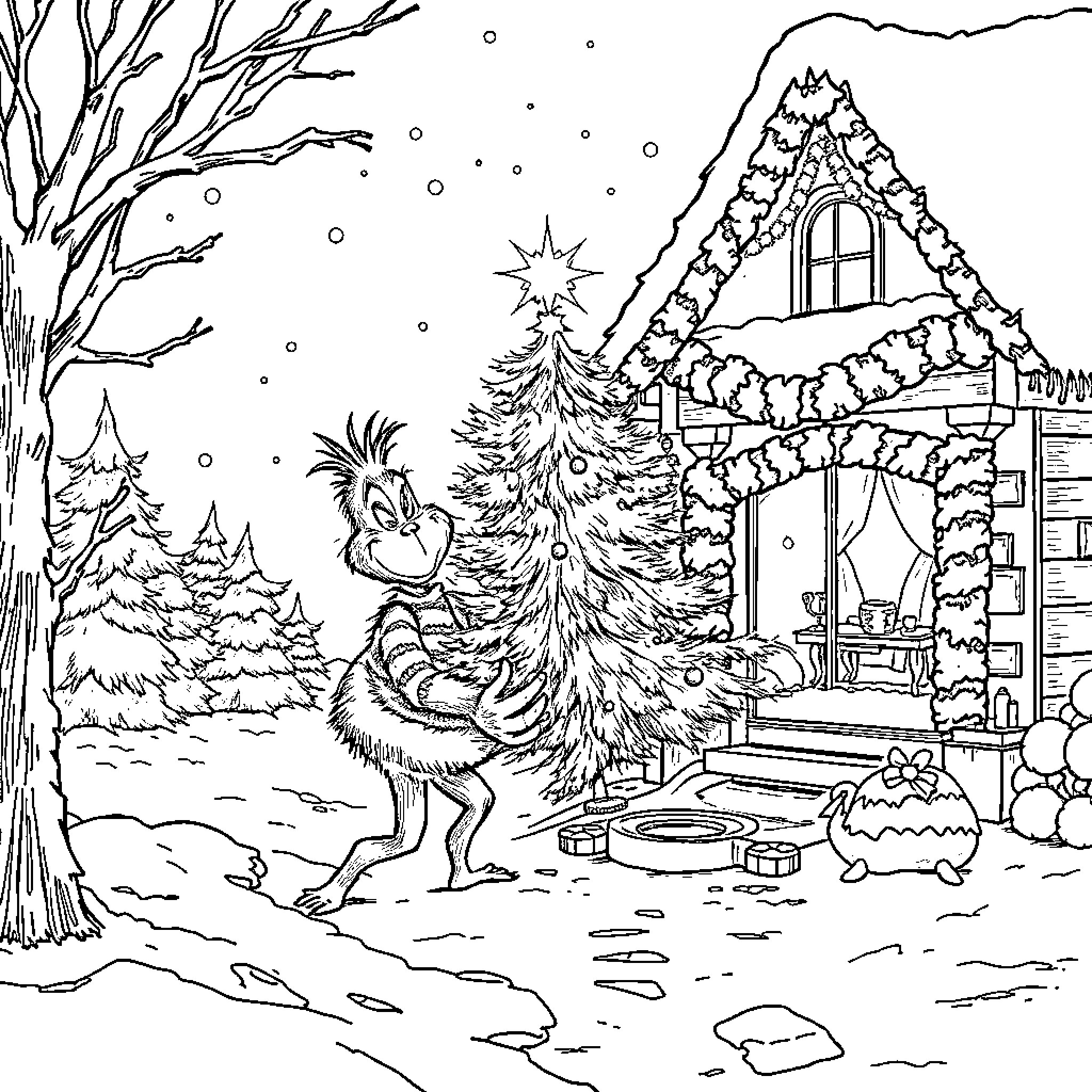Grinch Decorating the Festive Cottage in Snowy Winter Coloring Page (free black-and-white line drawing printable PDF for all, from beginners to advanced learners, including children, teens, adults, and seniors)