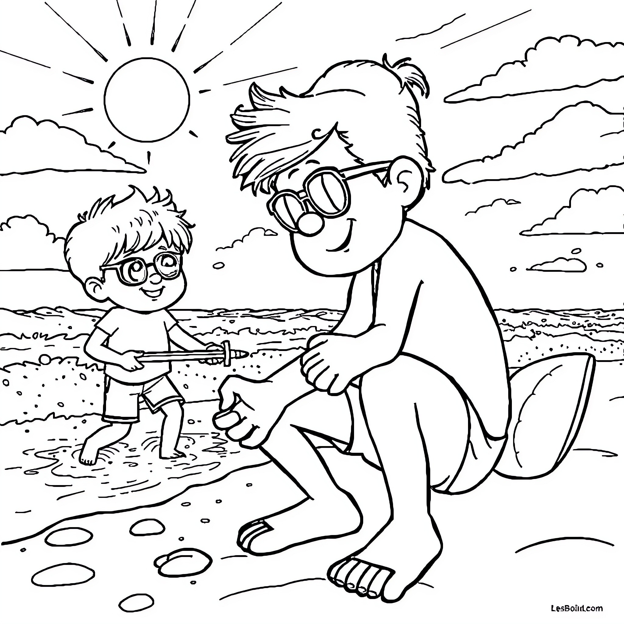 Les Bodins enjoying a sunny day at the beach Coloring Page (free black-and-white line drawing printable PDF for all, from beginners to advanced learners, including children, teens, adults, and seniors)