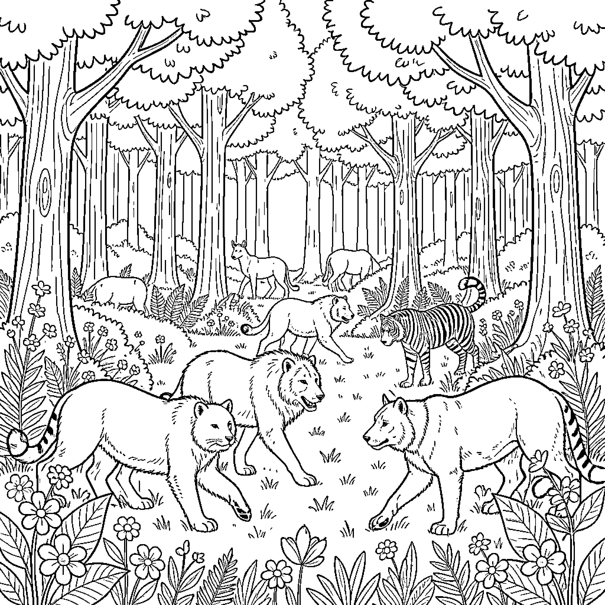 Wild Animals Roaming in Lush Forest Coloring Page (free black-and-white line drawing printable PDF for all, from beginners to advanced learners, including children, teens, adults, and seniors)