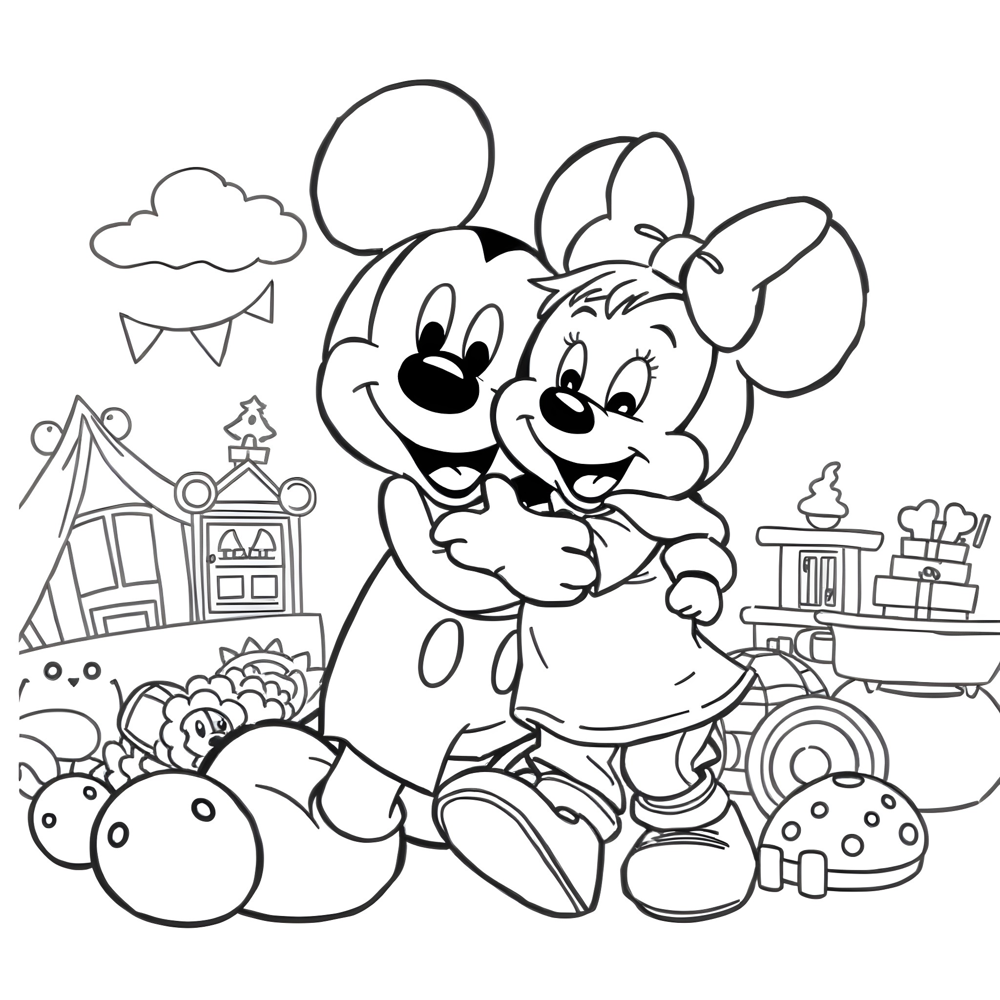 Mickey Mouse and Minnie Mouse enjoying a fun day out Coloring Page (free black-and-white line drawing printable PDF for all, from beginners to advanced learners, including children, teens, adults, and seniors)