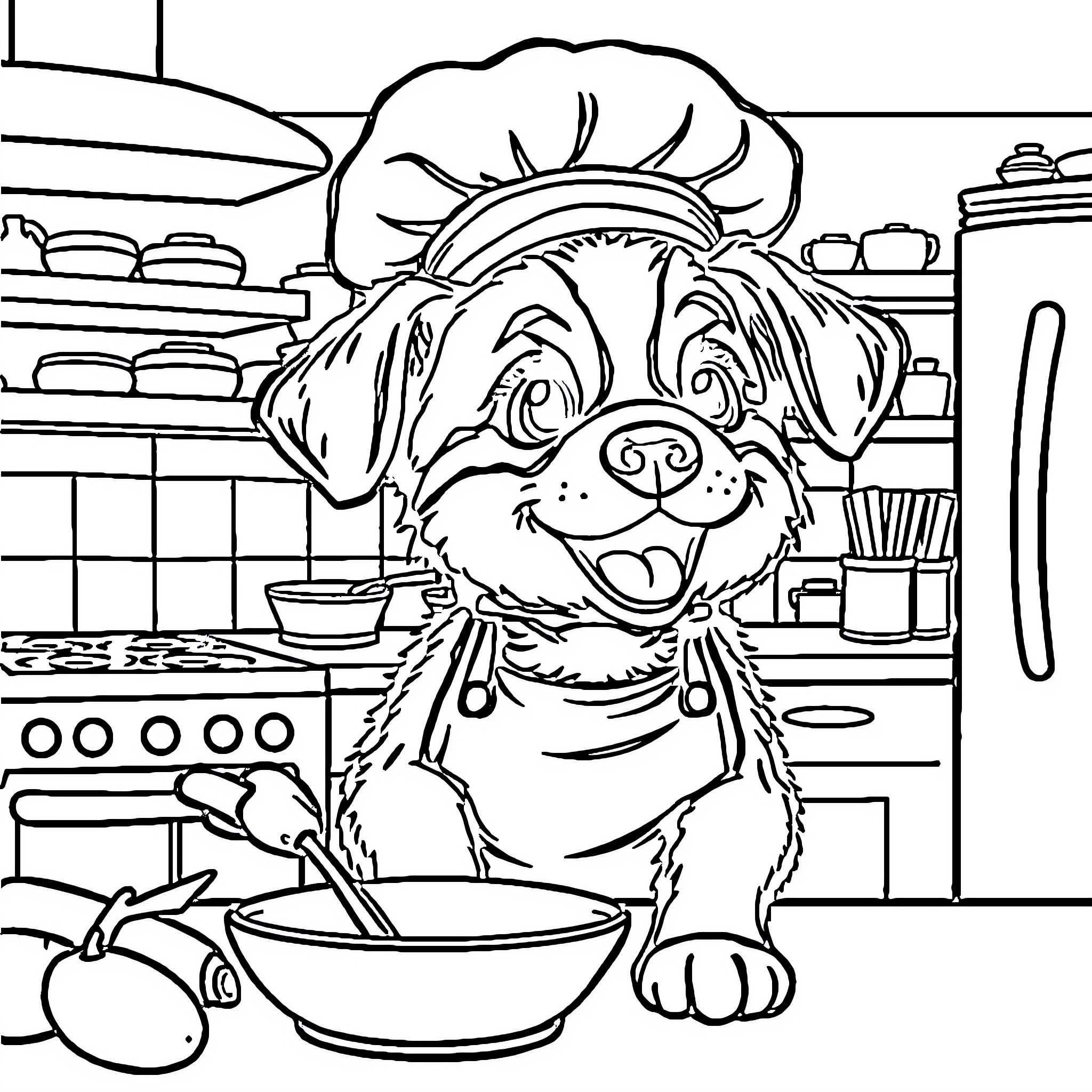 Puppy cooking in a kitchen Coloring Page (free black-and-white line drawing printable PDF for all, from beginners to advanced learners, including children, teens, adults, and seniors)