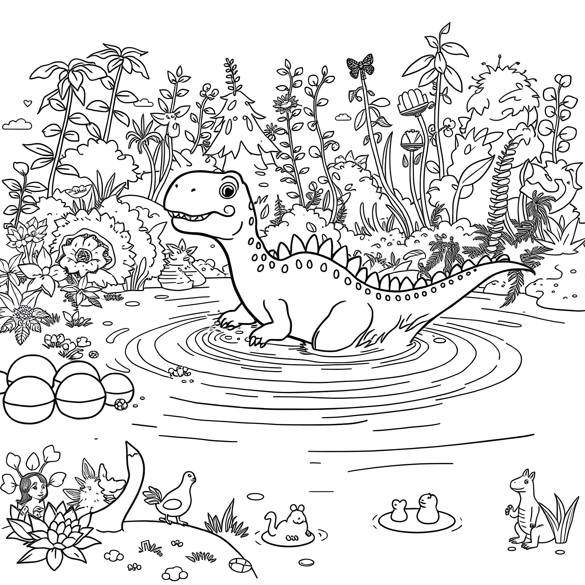 Dinosaur playing in a fantastical nature scene Coloring Page (free black-and-white line drawing printable PDF for all, from beginners to advanced learners, including children, teens, adults, and seniors)