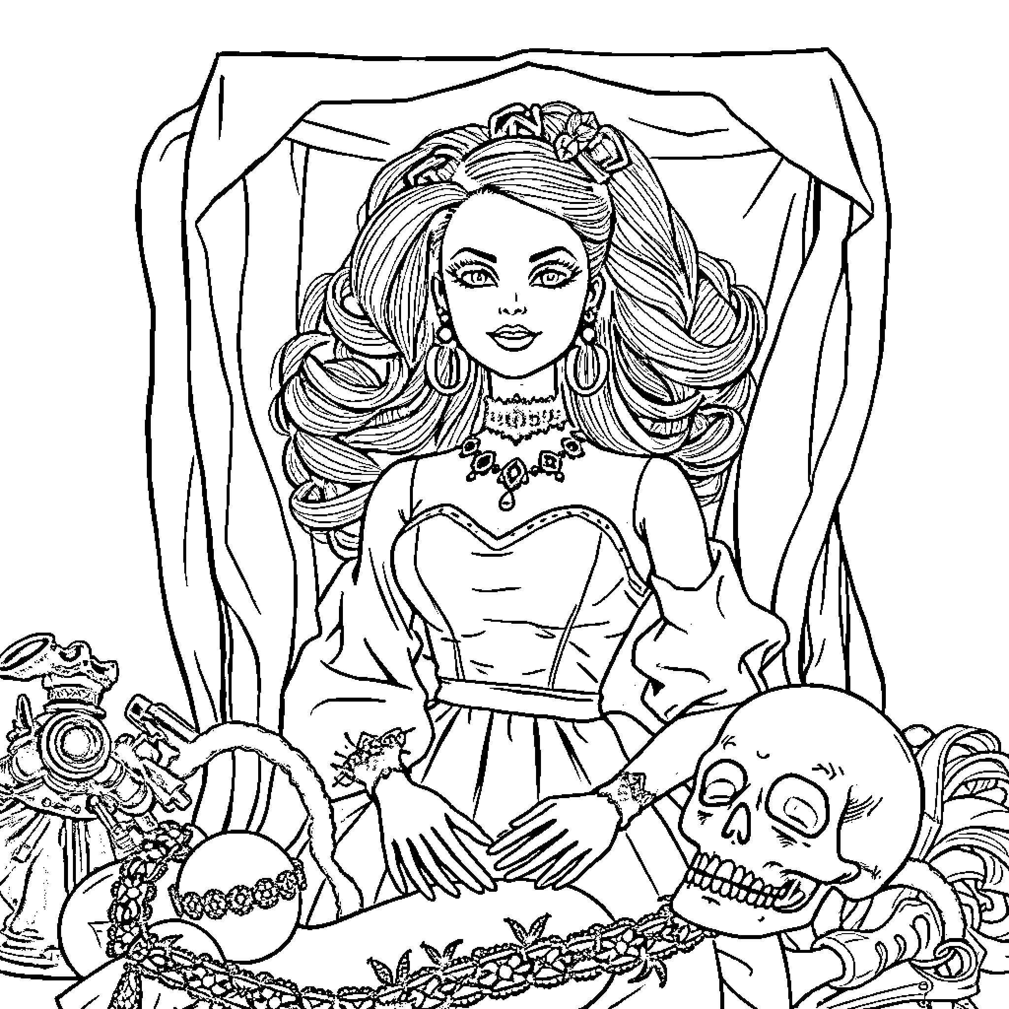 Barbie in a Whimsical Skull-Themed Scene Coloring Page (free black-and-white line drawing printable PDF for all, from beginners to advanced learners, including children, teens, adults, and seniors)