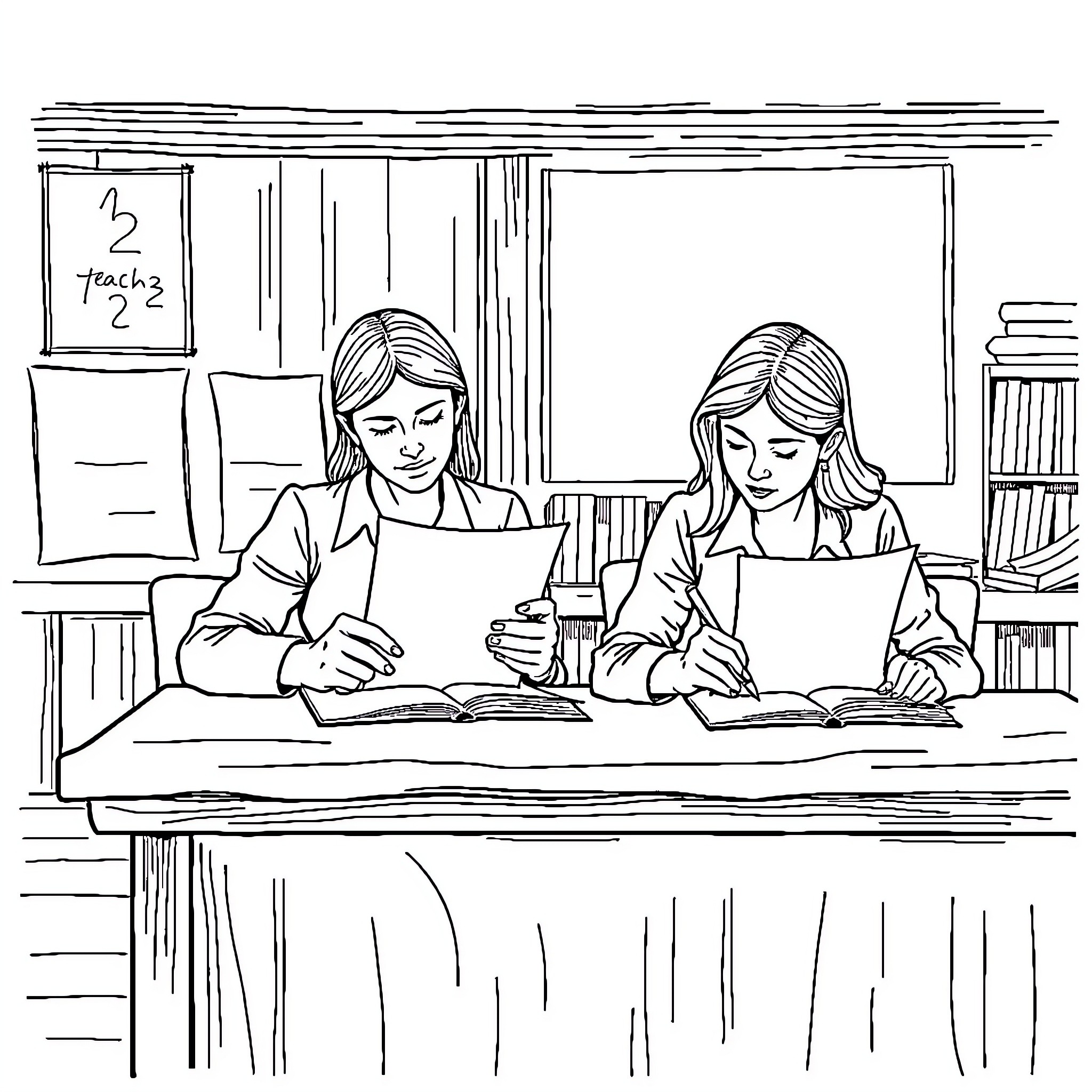 Teacher working with students in classroom Coloring Page (free black-and-white line drawing printable PDF for all, from beginners to advanced learners, including children, teens, adults, and seniors)