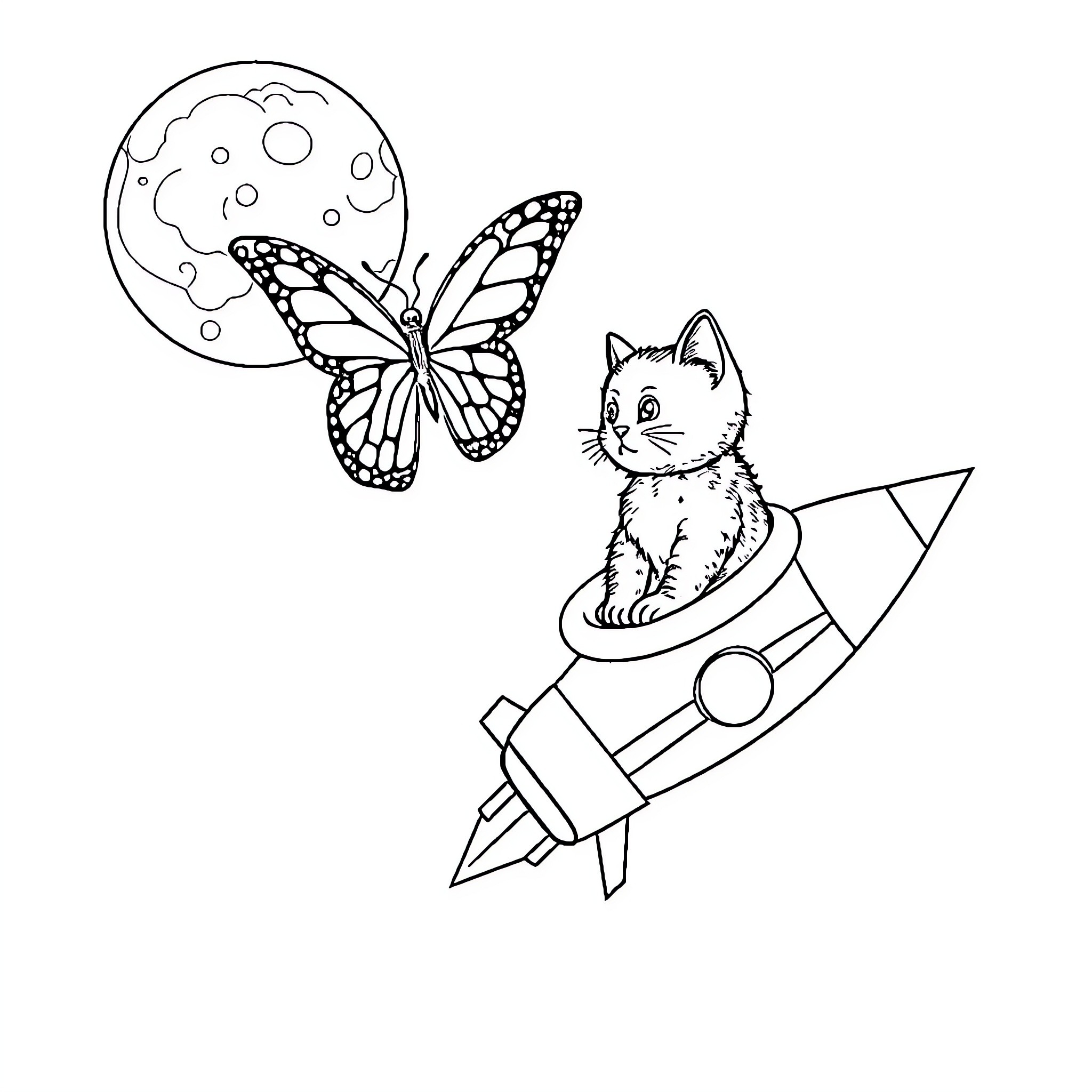 Butterfly on a Rocket-Powered Cat Coloring Page (free black-and-white line drawing printable PDF for all, from beginners to advanced learners, including children, teens, adults, and seniors)