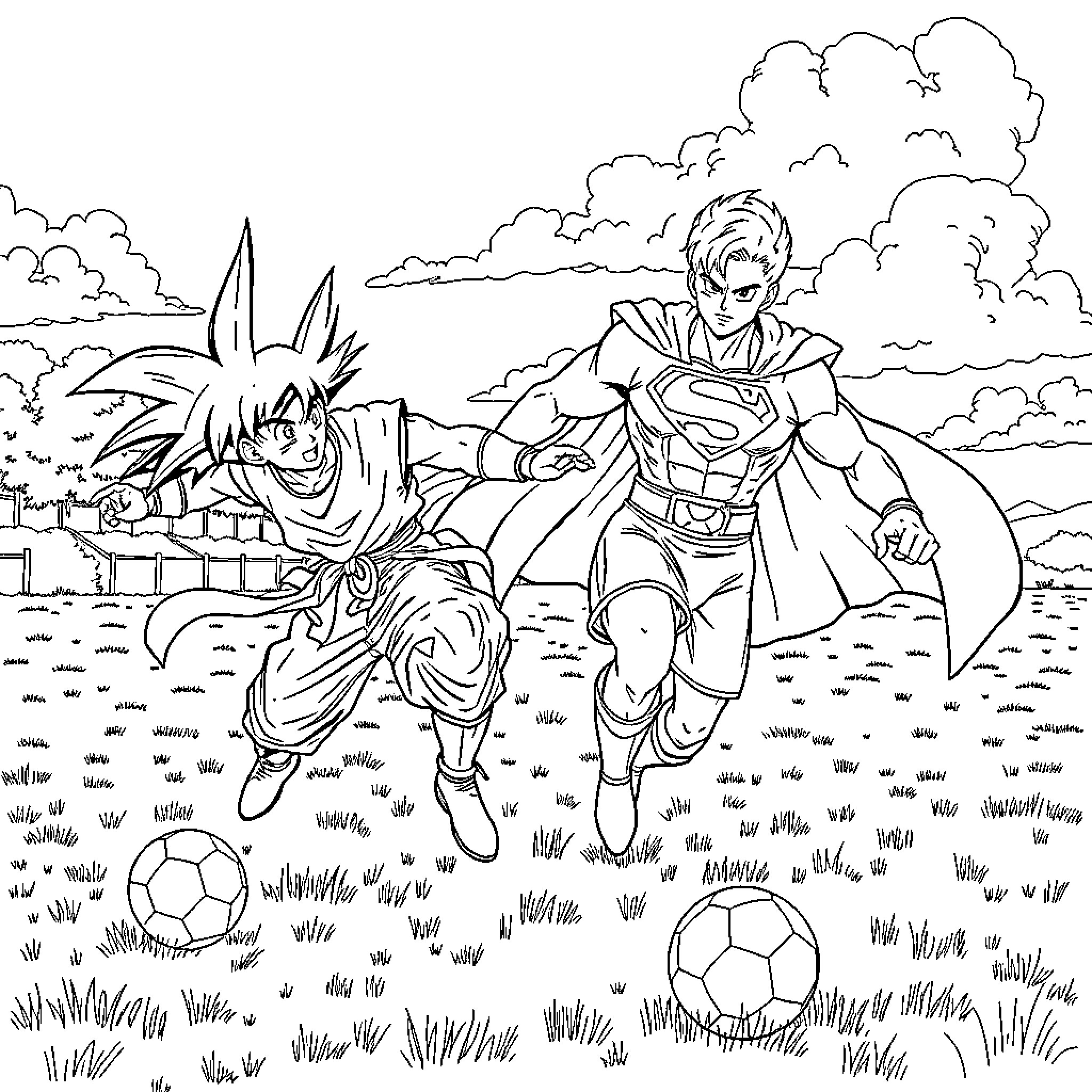 Son Goku and Superman playing soccer in the field Coloring Page (free black-and-white line drawing printable PDF for all, from beginners to advanced learners, including children, teens, adults, and seniors)