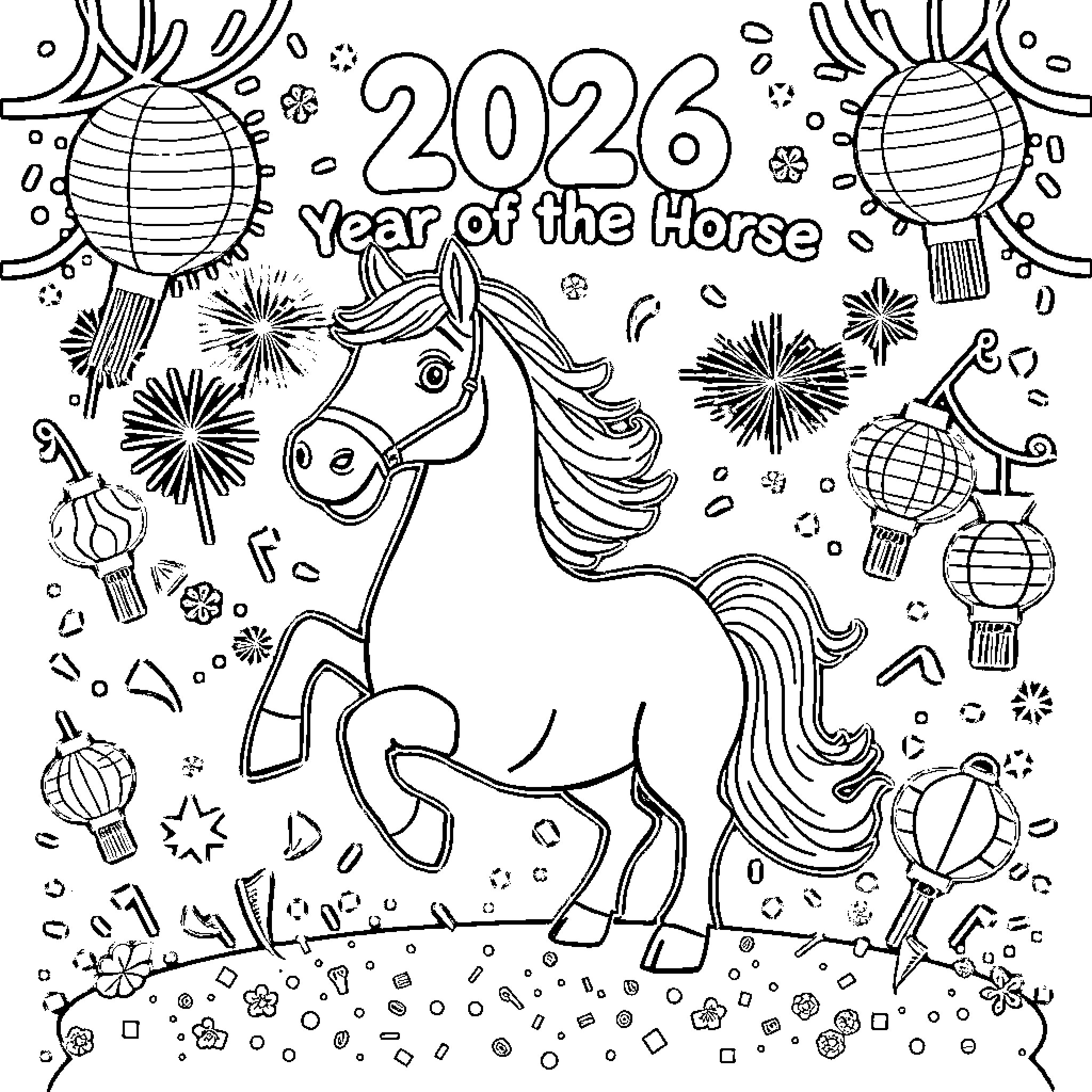 Horse celebrating the Year of the Horse with festive decor Coloring Page (free black-and-white line drawing printable PDF for all, from beginners to advanced learners, including children, teens, adults, and seniors)