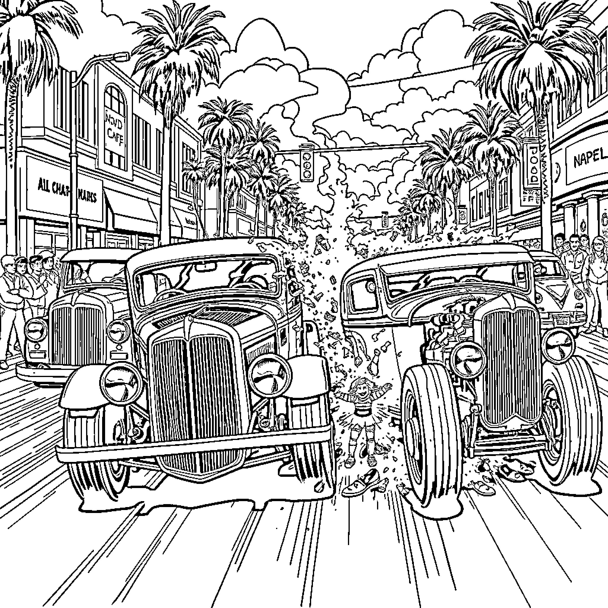 Hot Rod Parade on Sunny Street with Classic Cars Coloring Page (free black-and-white line drawing printable PDF for all, from beginners to advanced learners, including children, teens, adults, and seniors)