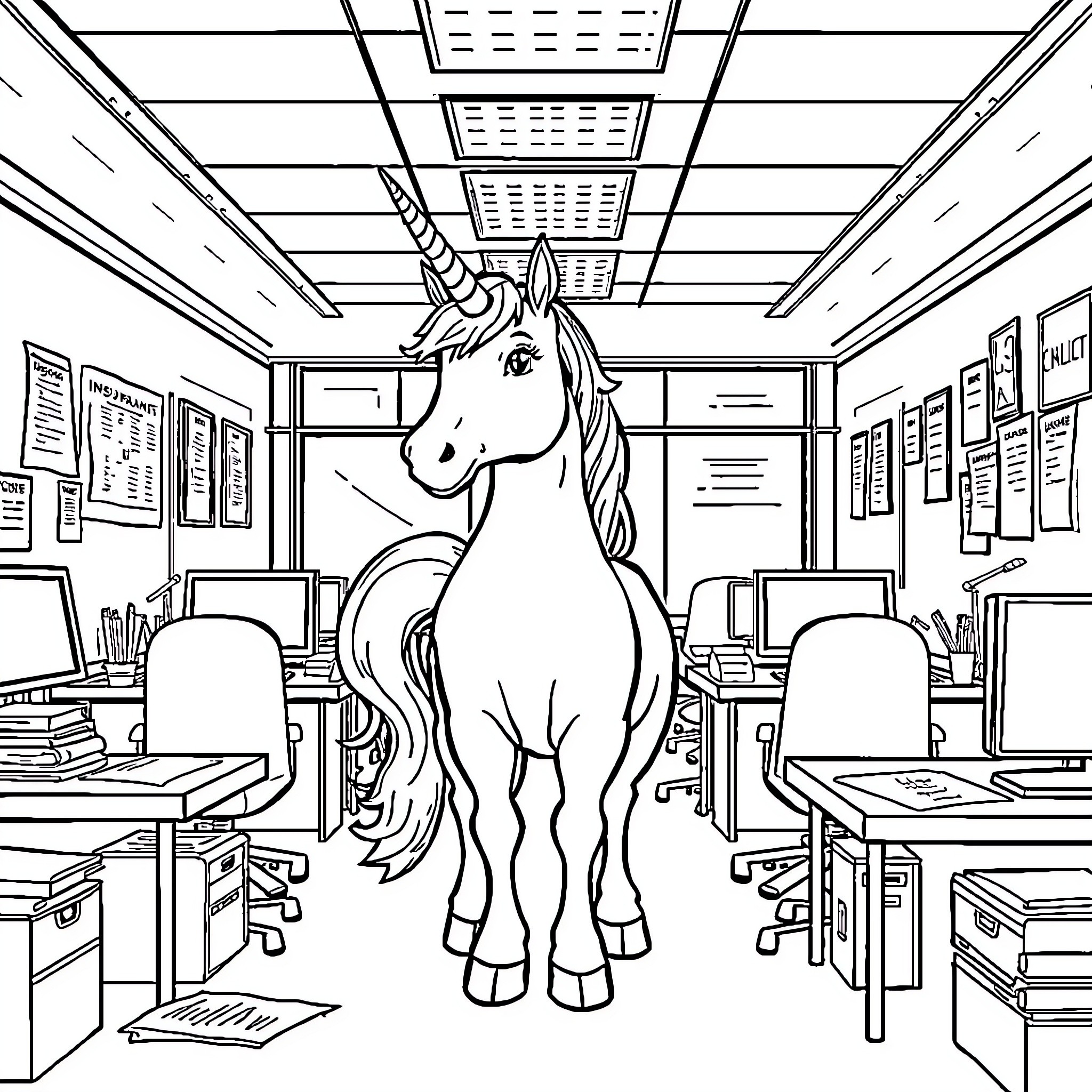 Unicorn wandering through an empty classroom Coloring Page (free black-and-white line drawing printable PDF for all, from beginners to advanced learners, including children, teens, adults, and seniors)