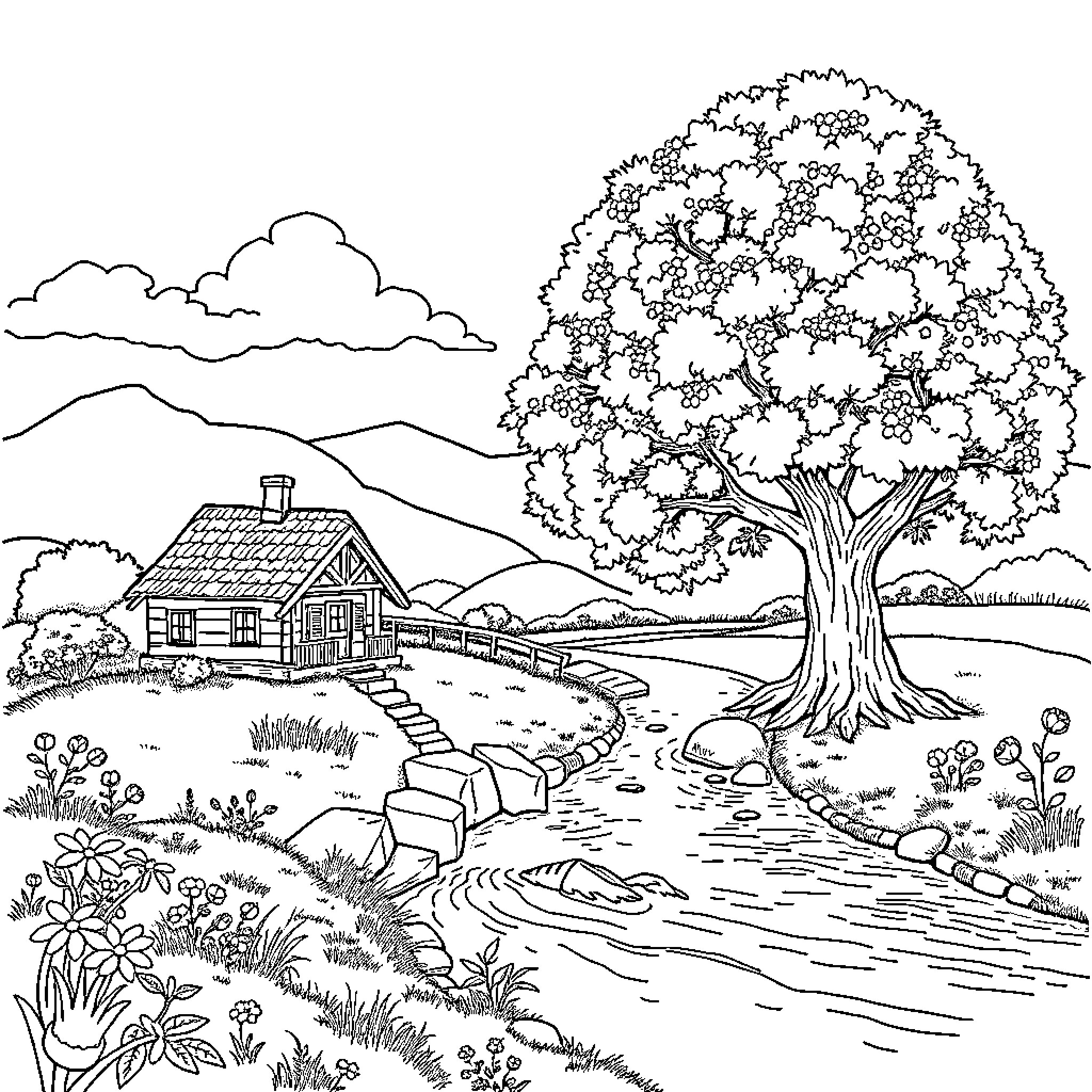 Landscape with rustic cabin, winding path, and blossoming tree Coloring Page (free black-and-white line drawing printable PDF for all, from beginners to advanced learners, including children, teens, adults, and seniors)