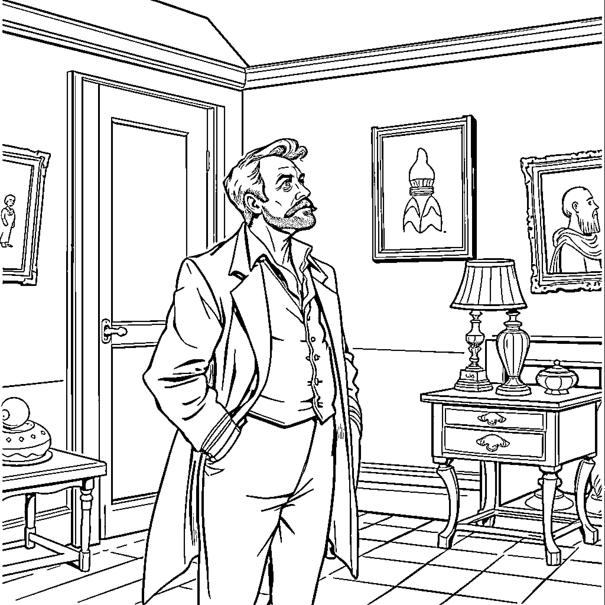 Guy de Maupassant standing in contemplation in an office Coloring Page (free black-and-white line drawing printable PDF for all, from beginners to advanced learners, including children, teens, adults, and seniors)