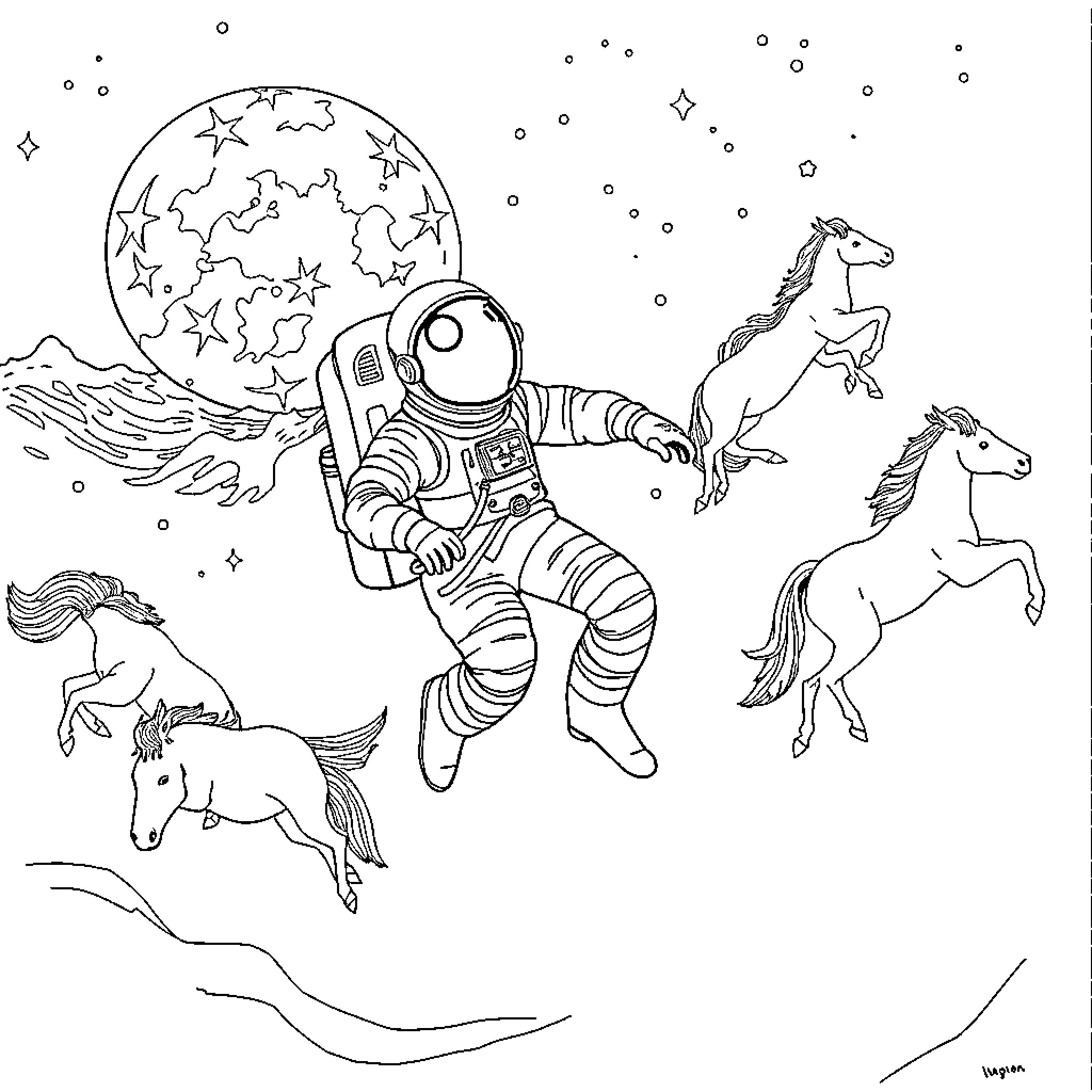 Astronaut explores space with magical unicorns Coloring Page (free black-and-white line drawing printable PDF for all, from beginners to advanced learners, including children, teens, adults, and seniors)