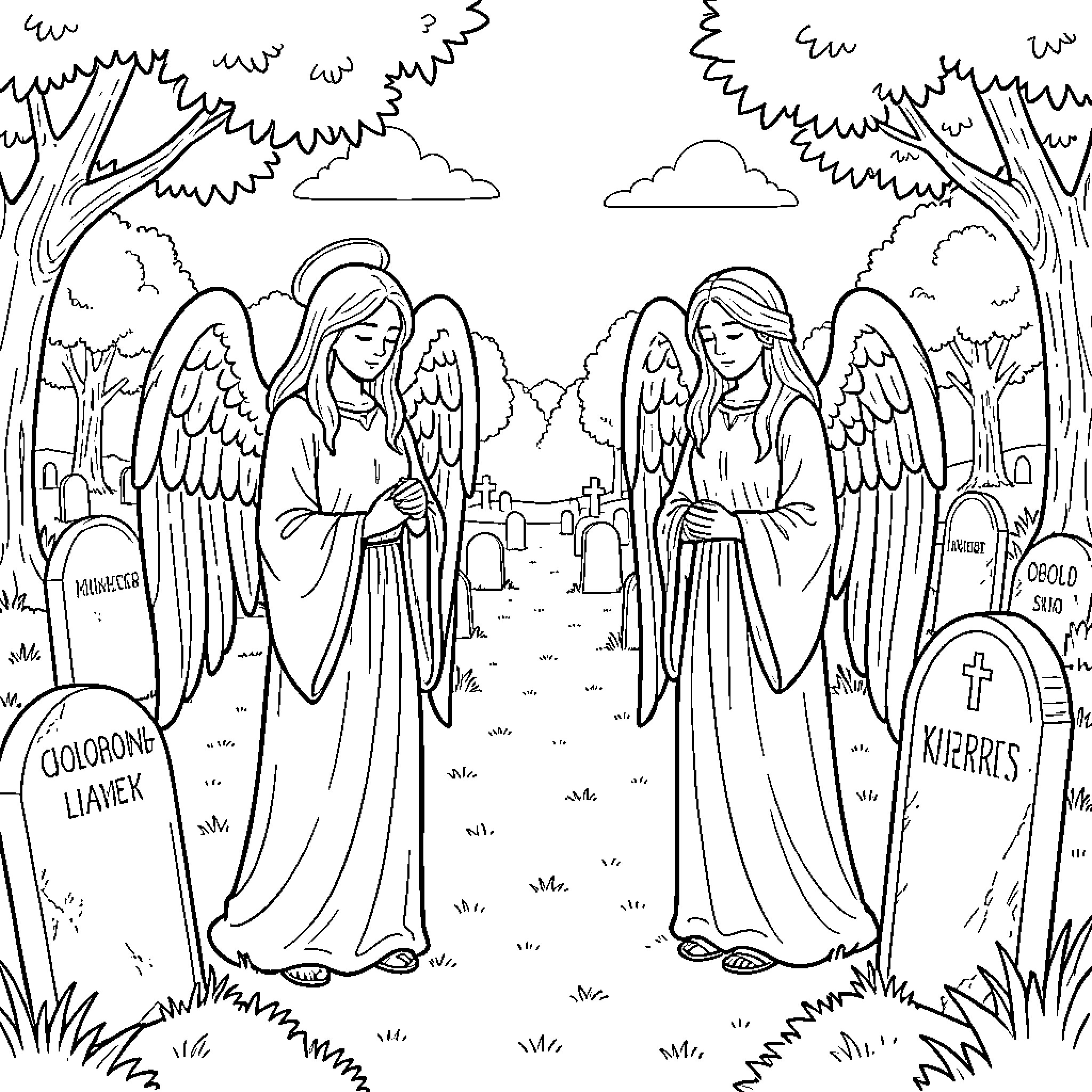 Angel figures standing peacefully in a cemetery Coloring Page (free black-and-white line drawing printable PDF for all, from beginners to advanced learners, including children, teens, adults, and seniors)