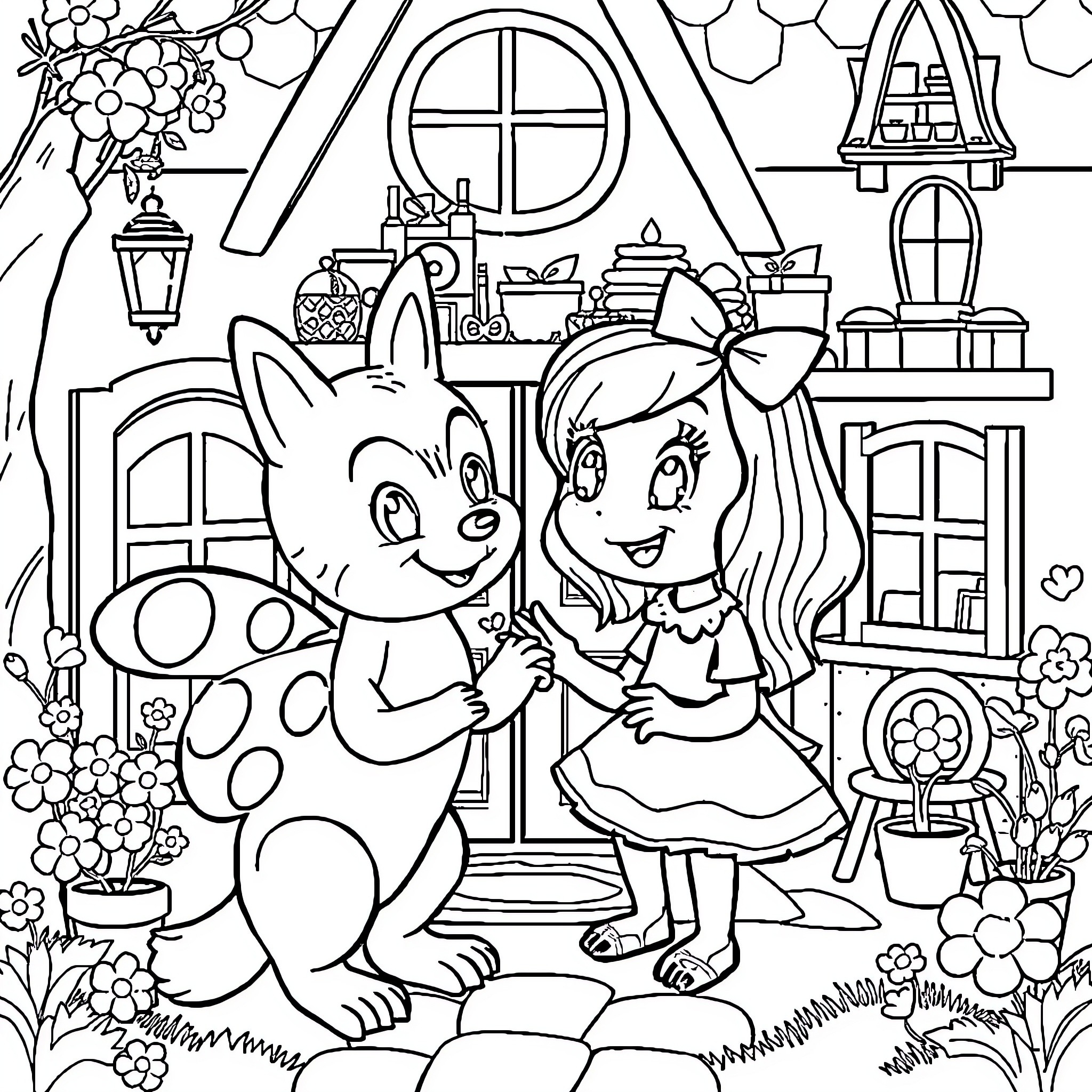 Paw Patrol Friends Playing Together at Cottage Coloring Page (free black-and-white line drawing printable PDF for all, from beginners to advanced learners, including children, teens, adults, and seniors)