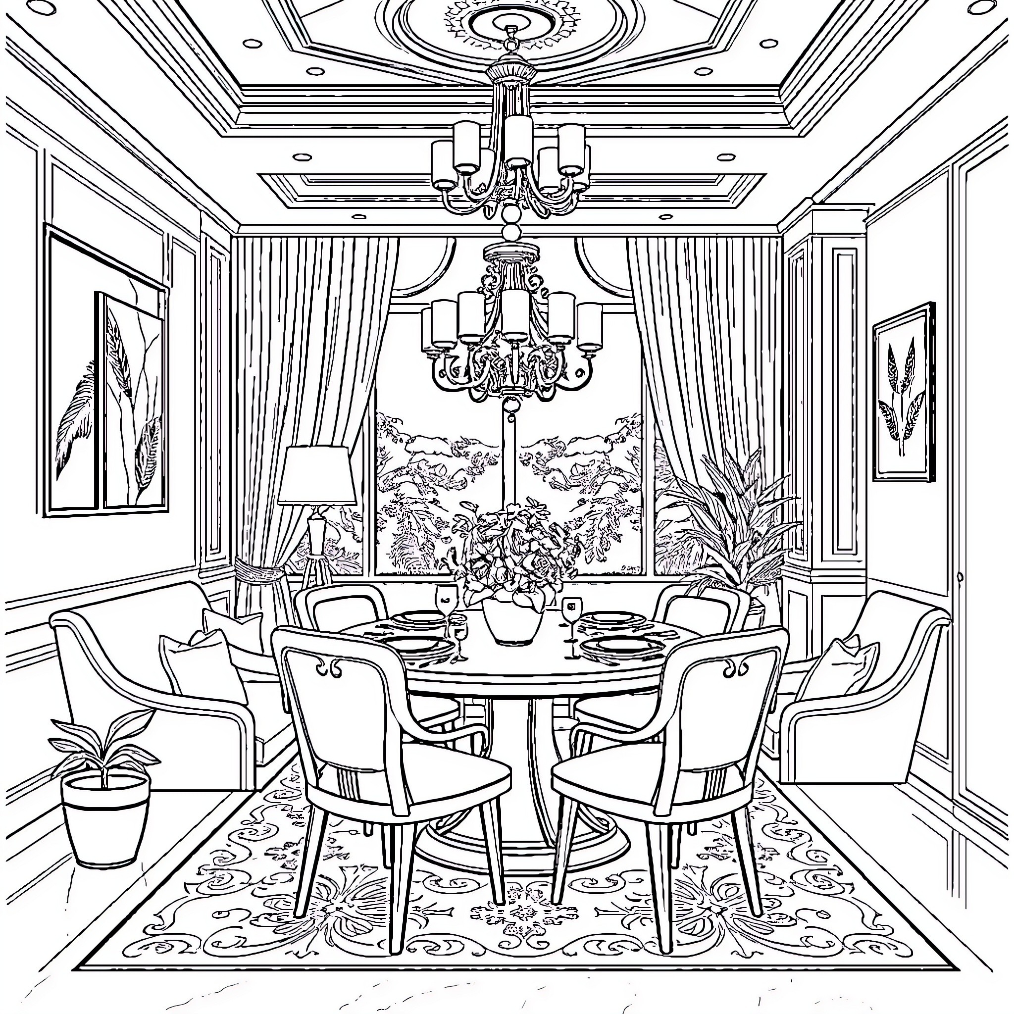 Makan at a Sophisticated Dining Room Coloring Page (free black-and-white line drawing printable PDF for all, from beginners to advanced learners, including children, teens, adults, and seniors)