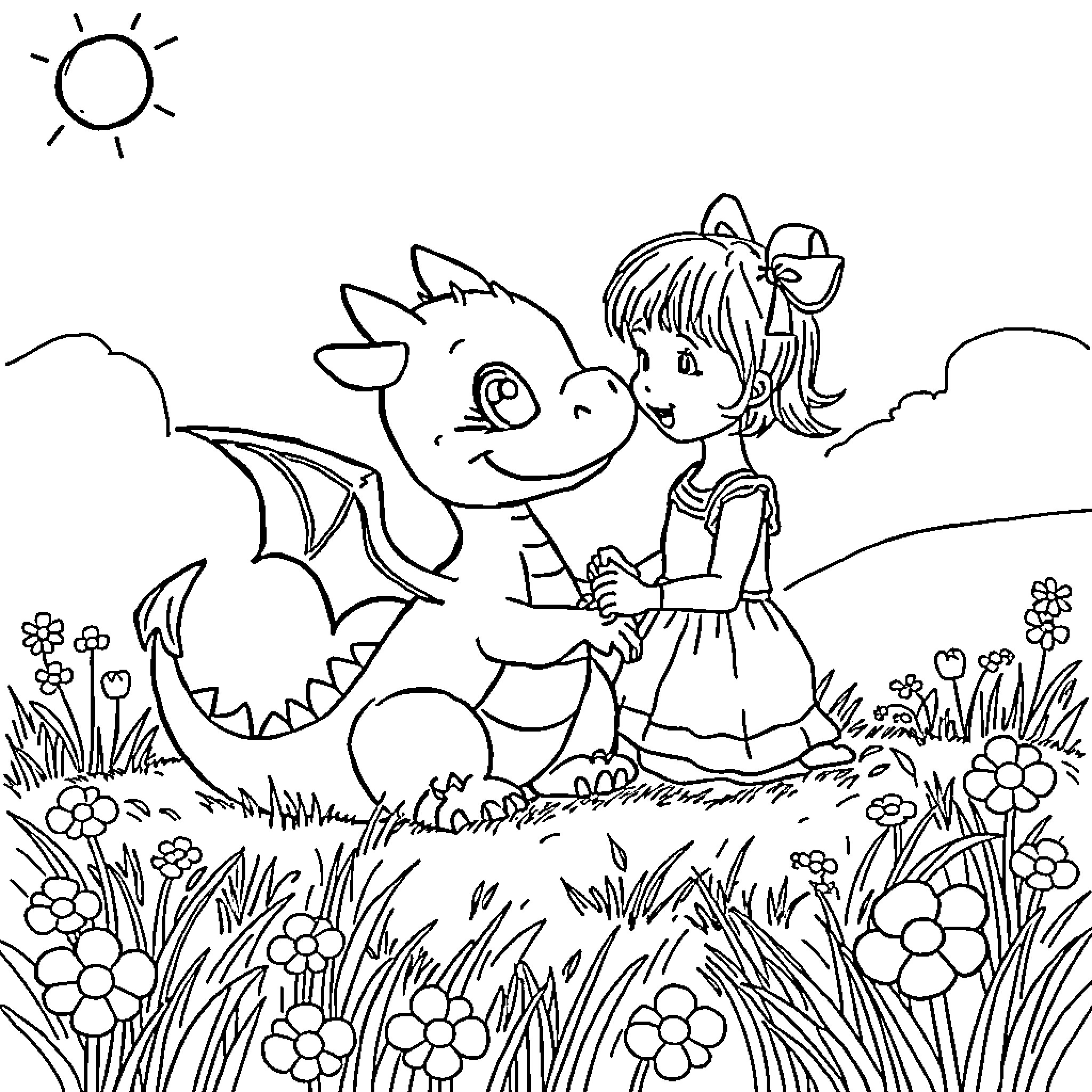 Dragon and girl playing happily in the meadow Coloring Page (free black-and-white line drawing printable PDF for all, from beginners to advanced learners, including children, teens, adults, and seniors)