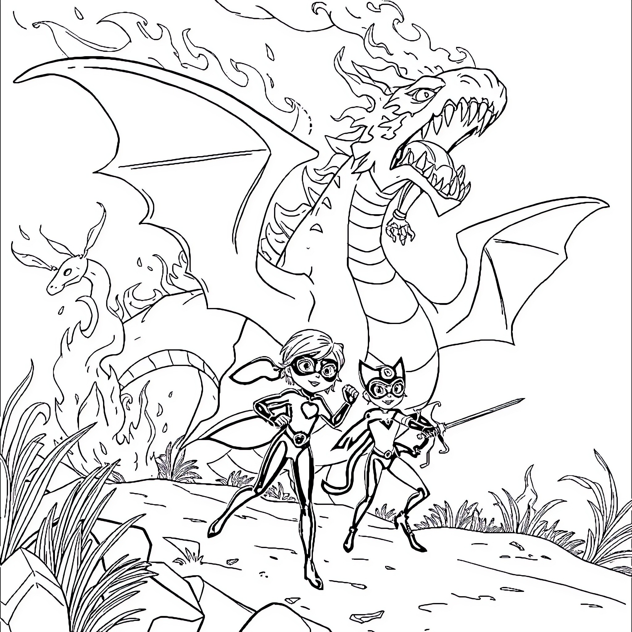 Pat Patrouille confronting fantastic creatures Coloring Page (free black-and-white line drawing printable PDF for all, from beginners to advanced learners, including children, teens, adults, and seniors)