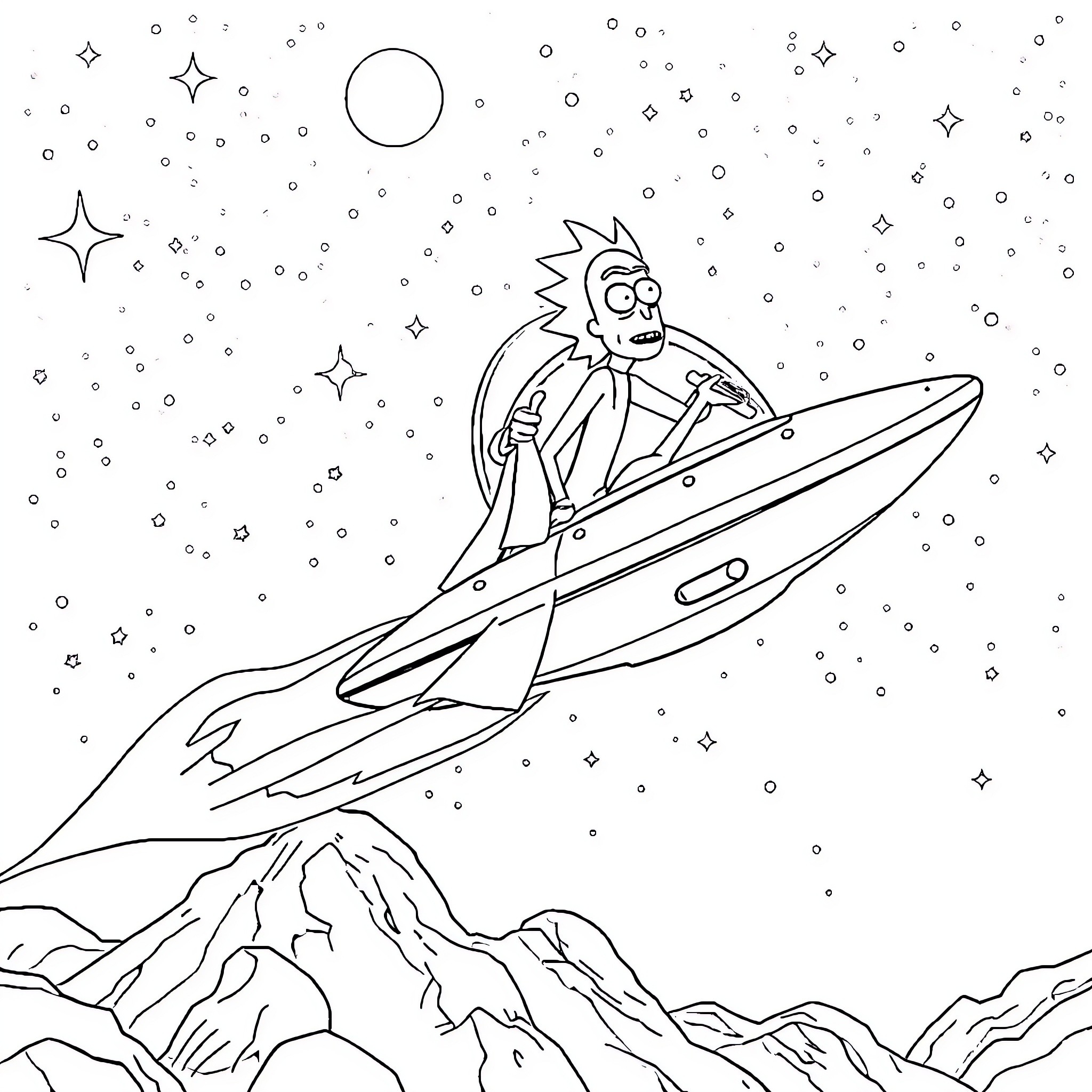 Rick And Morty adventures in the cosmos Coloring Page (free black-and-white line drawing printable PDF for all, from beginners to advanced learners, including children, teens, adults, and seniors)