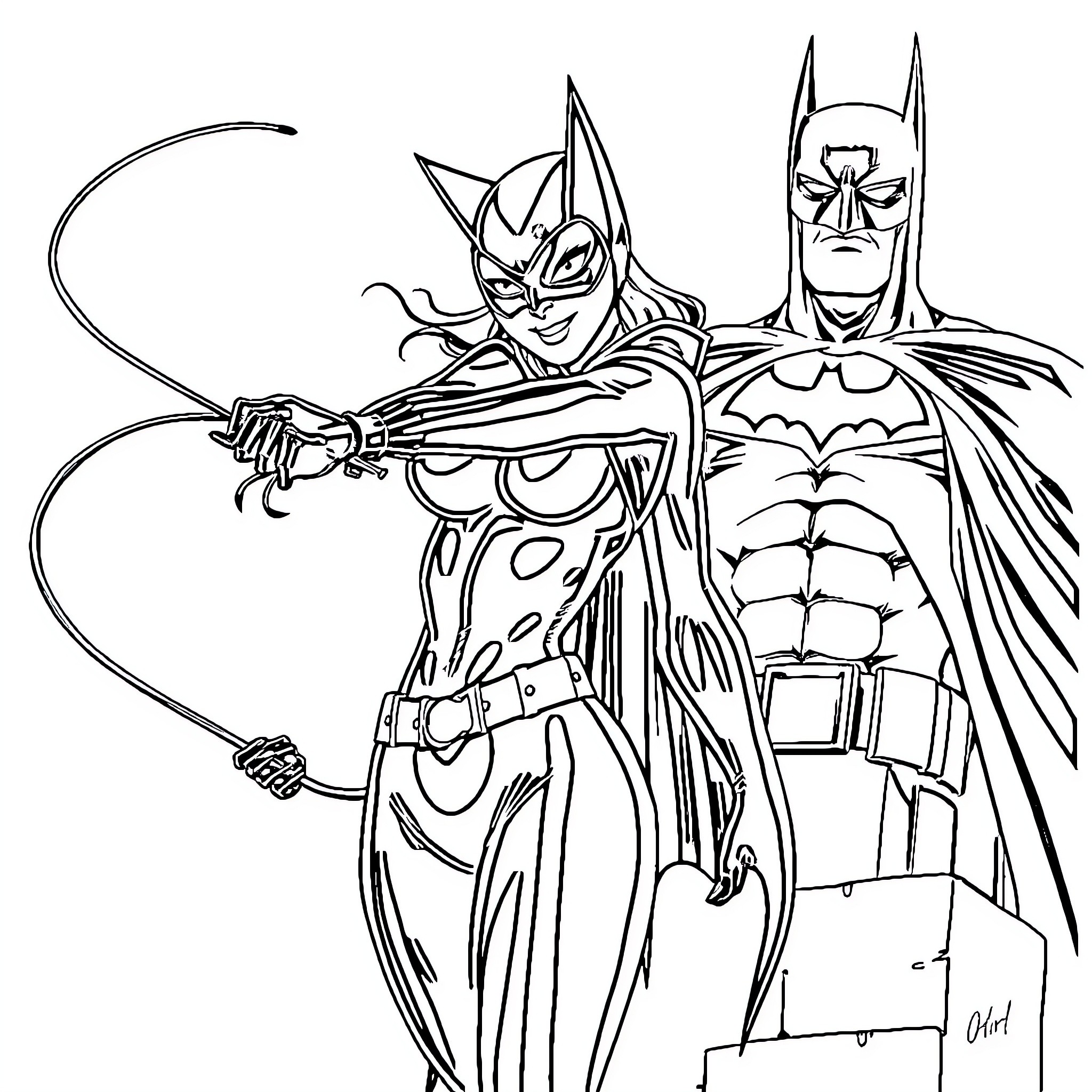 Catwoman and Batman in action-packed pose Coloring Page (free black-and-white line drawing printable PDF for all, from beginners to advanced learners, including children, teens, adults, and seniors)