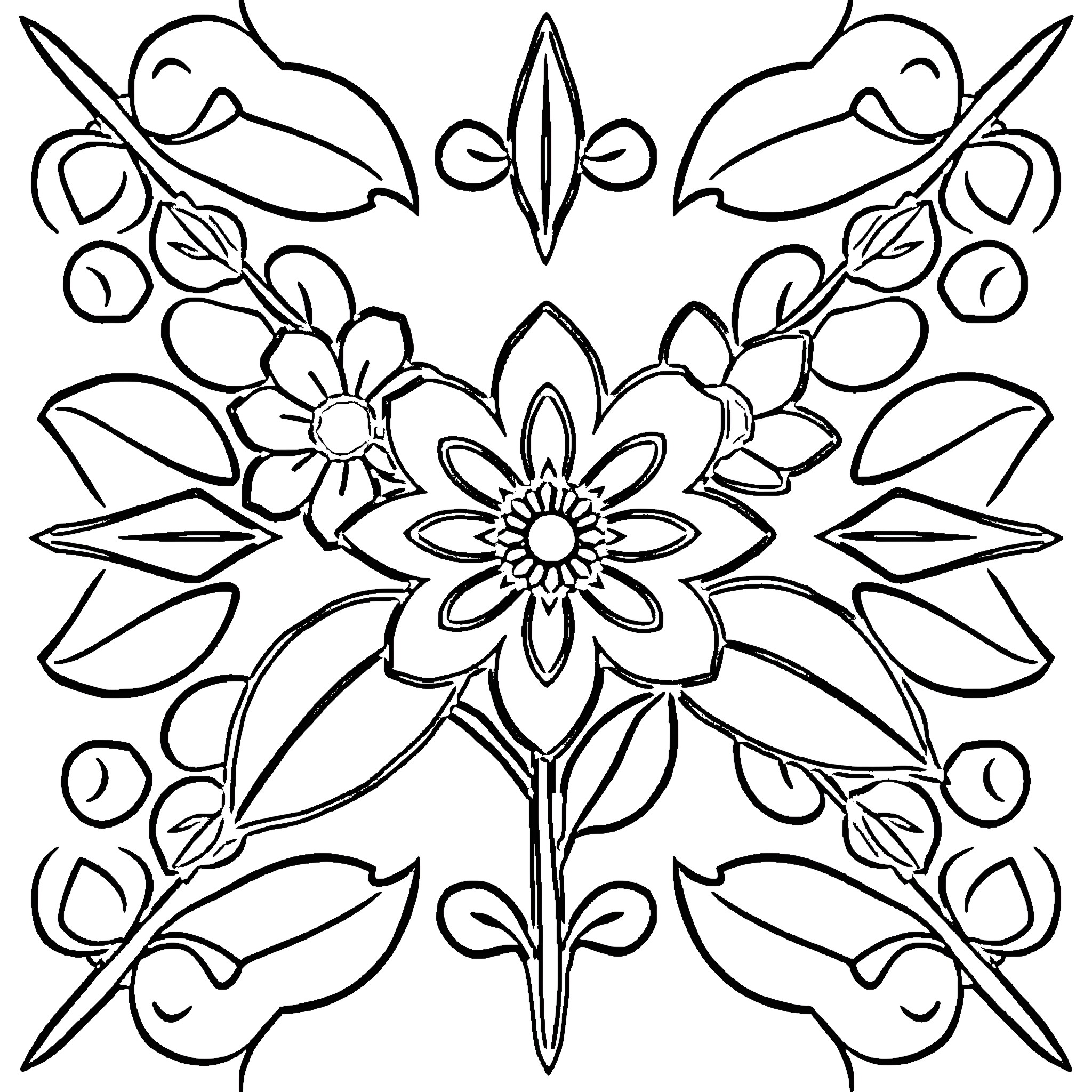 Flower Mandala with Blossoms and Leaves Coloring Page (free black-and-white line drawing printable PDF for all, from beginners to advanced learners, including children, teens, adults, and seniors)