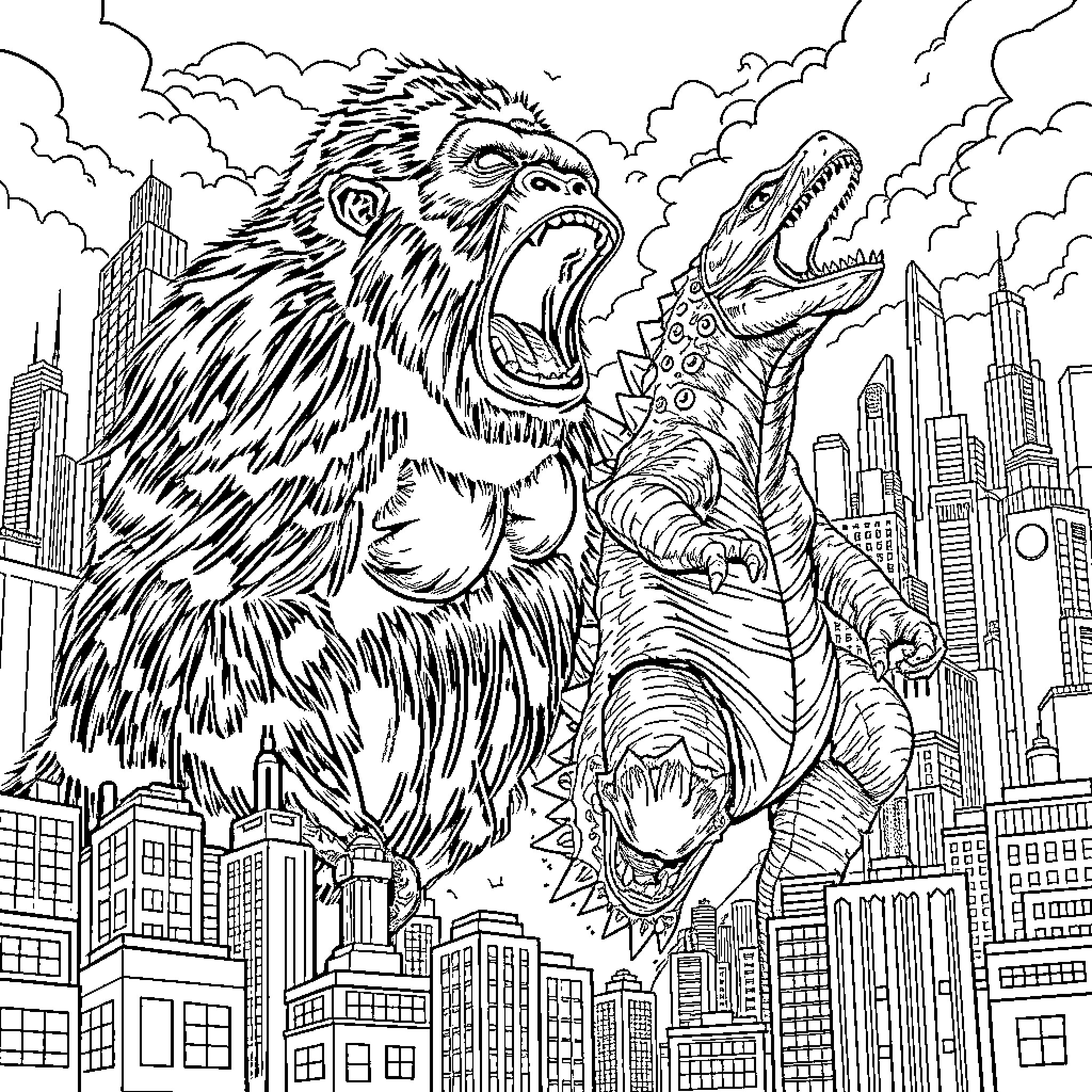 King Kong battling a giant alligator in a city Coloring Page (free black-and-white line drawing printable PDF for all, from beginners to advanced learners, including children, teens, adults, and seniors)