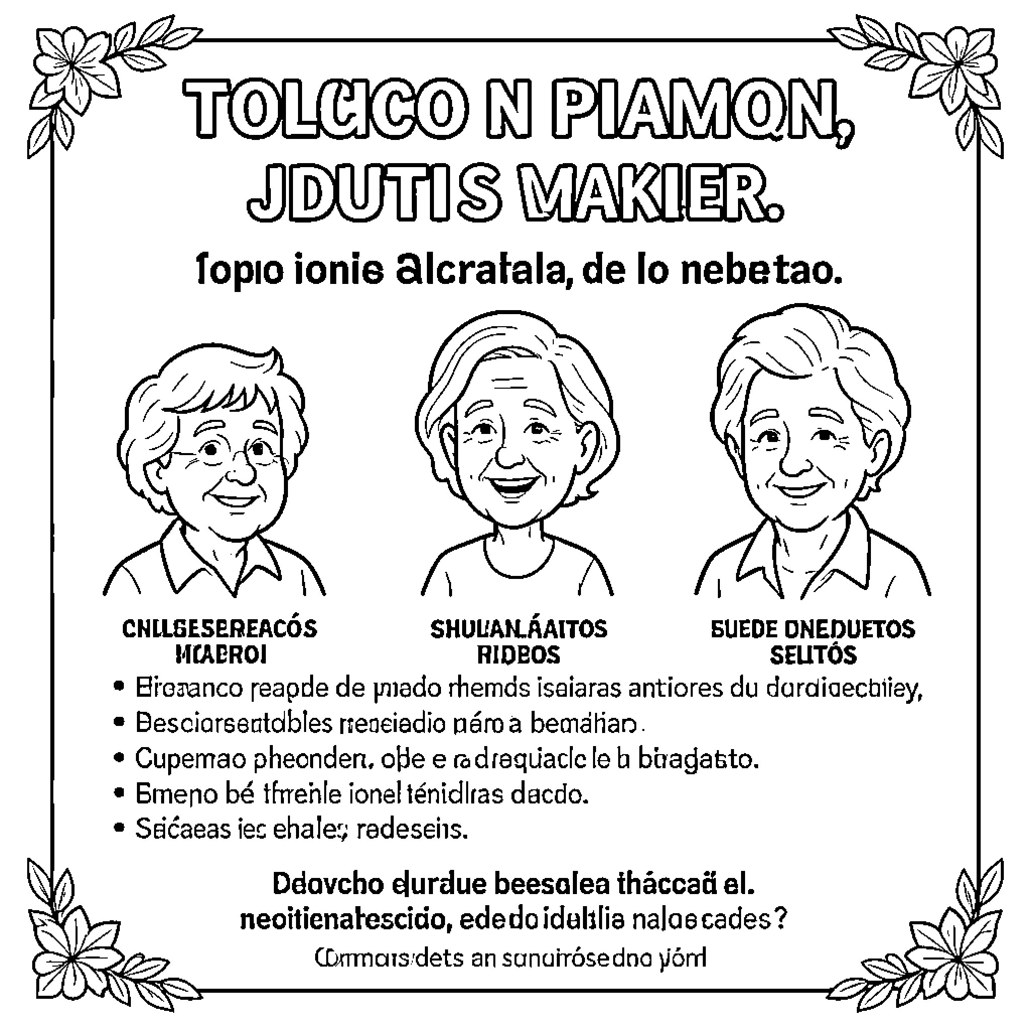 Diseño de tres mujeres mayores sonriendo amigablemente Coloring Page (free black-and-white line drawing printable PDF for all, from beginners to advanced learners, including children, teens, adults, and seniors)