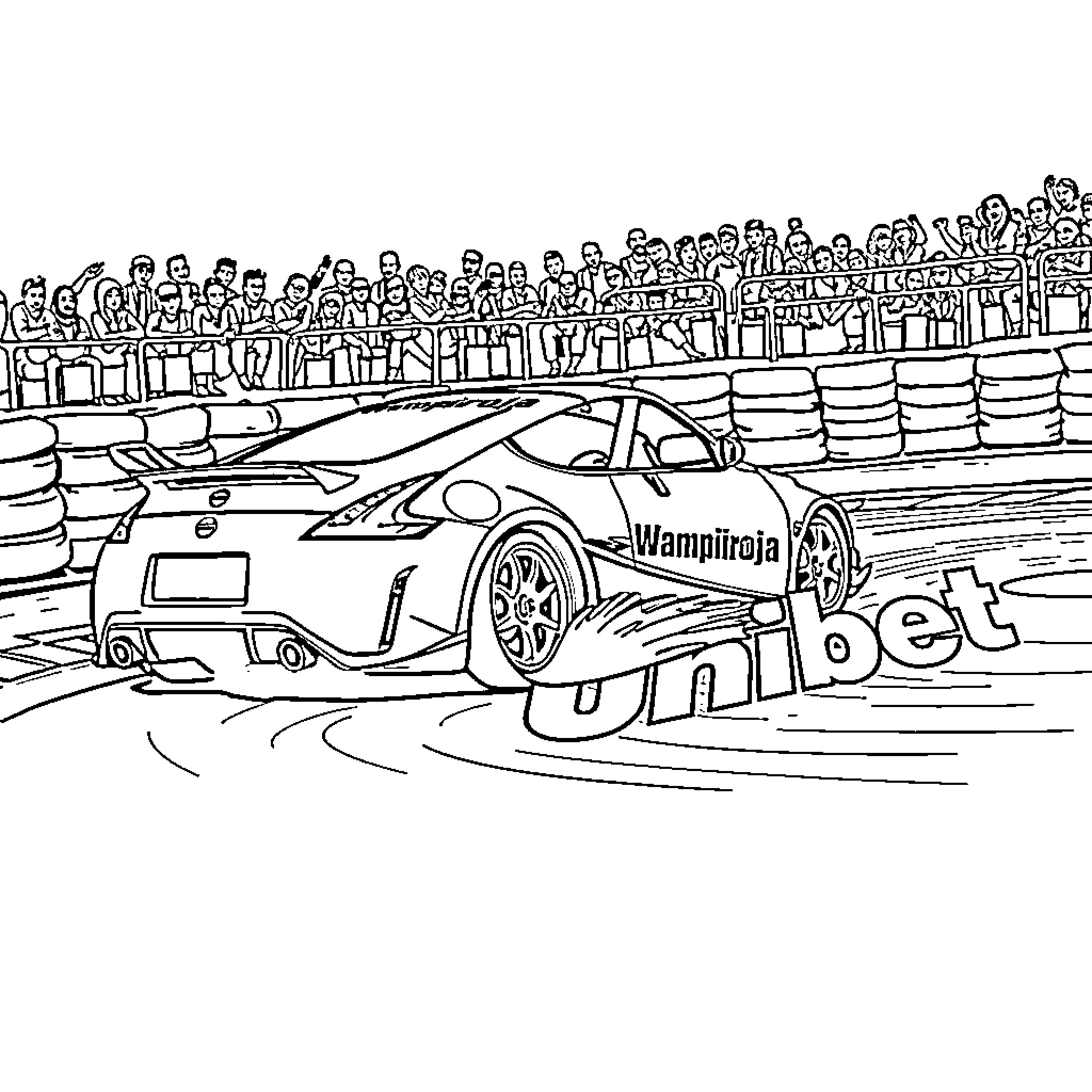 Nissan racing car at a crowded sports event Coloring Page (free black-and-white line drawing printable PDF for all, from beginners to advanced learners, including children, teens, adults, and seniors)