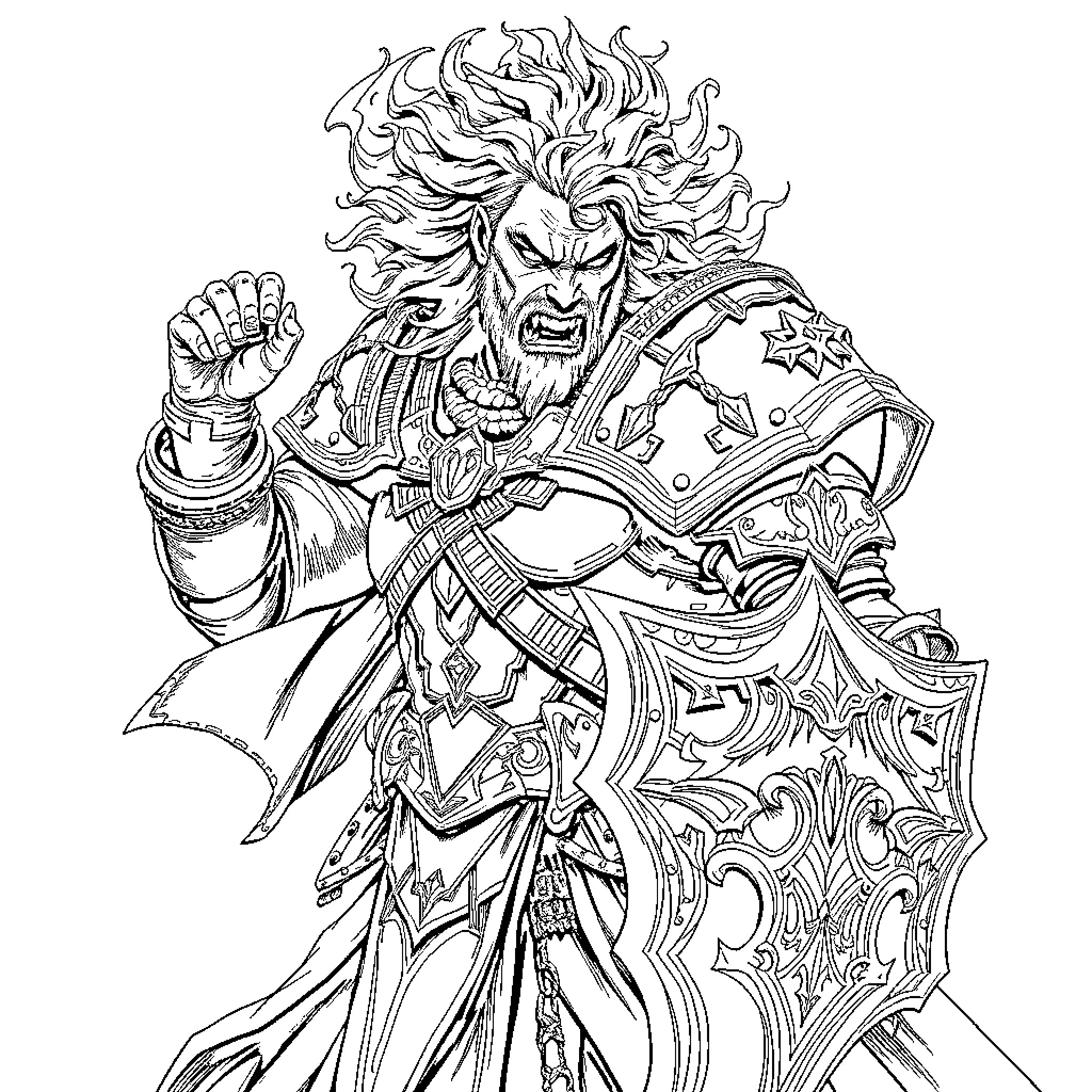 Karlach's Furious Warrior Stance Coloring Page (free black-and-white line drawing printable PDF for all, from beginners to advanced learners, including children, teens, adults, and seniors)