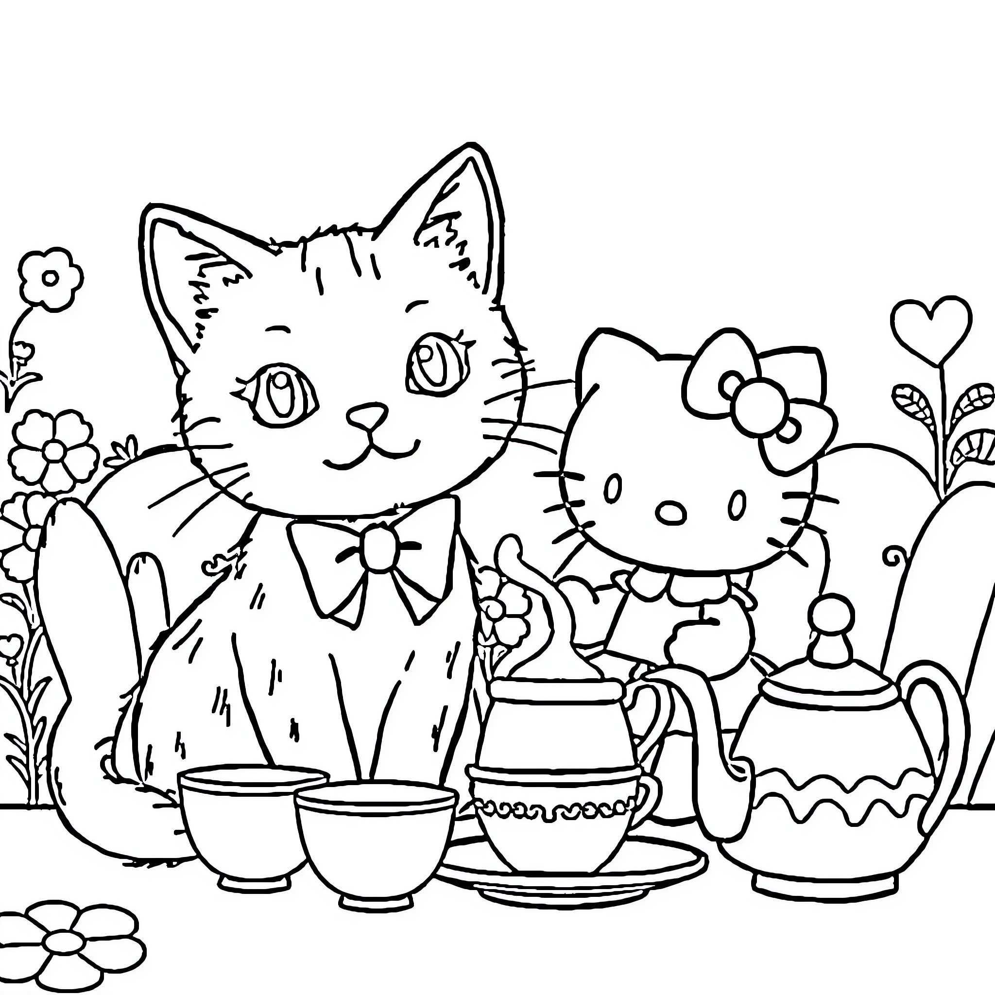 Cat and friends having a tea party Coloring Page (free black-and-white line drawing printable PDF for all, from beginners to advanced learners, including children, teens, adults, and seniors)